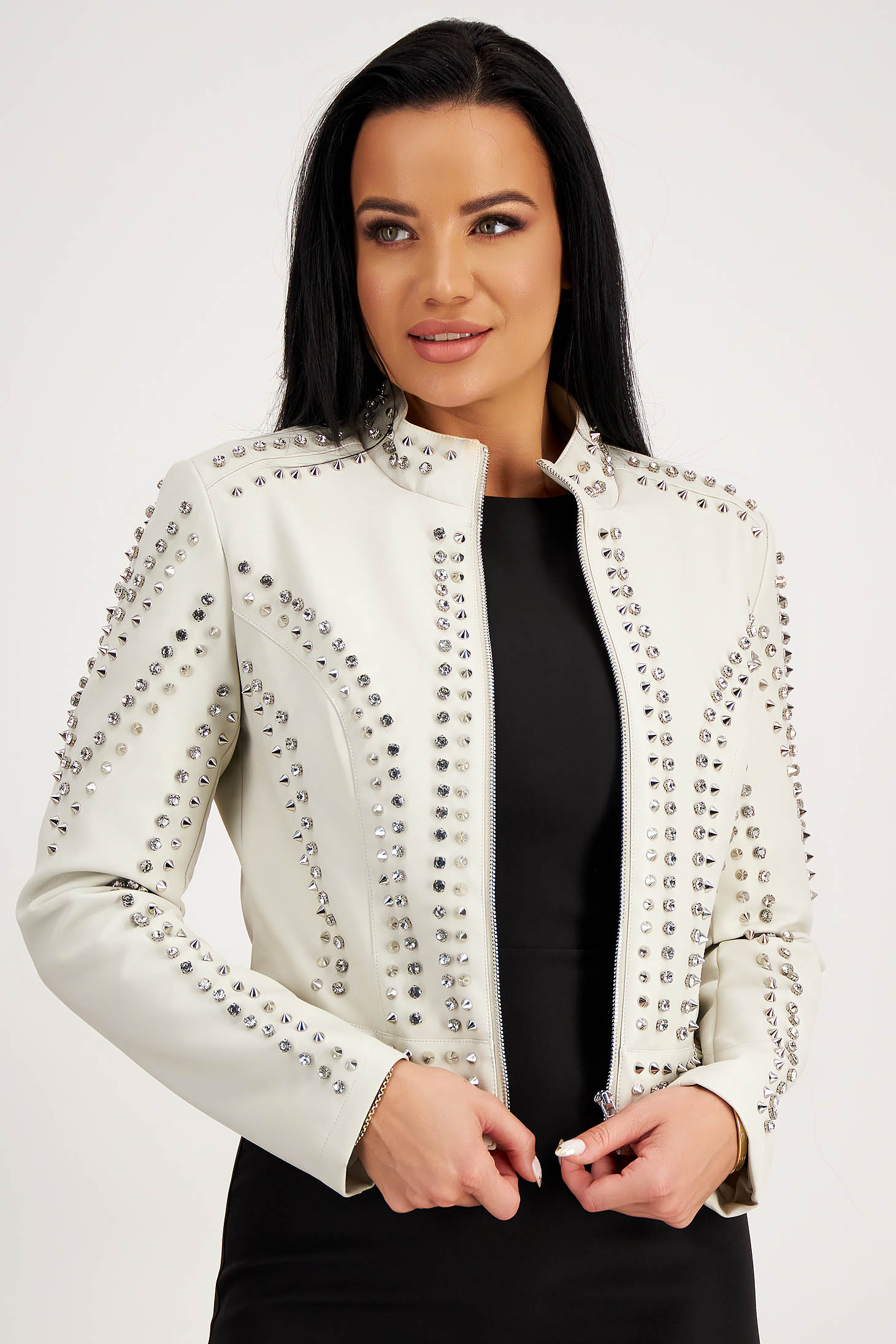 Ivory faux leather jacket with a straight cut, accessorized with metallic studs and stones - SunShine 6 - StarShinerS.com