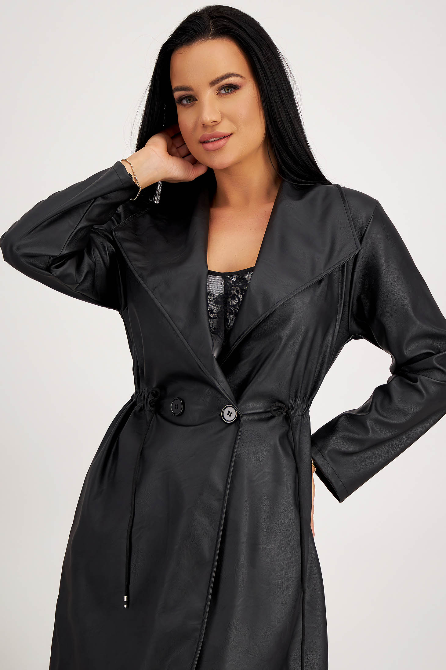 Black faux leather trench coat with wide cut accessorized with waist cord - SunShine 6 - StarShinerS.com