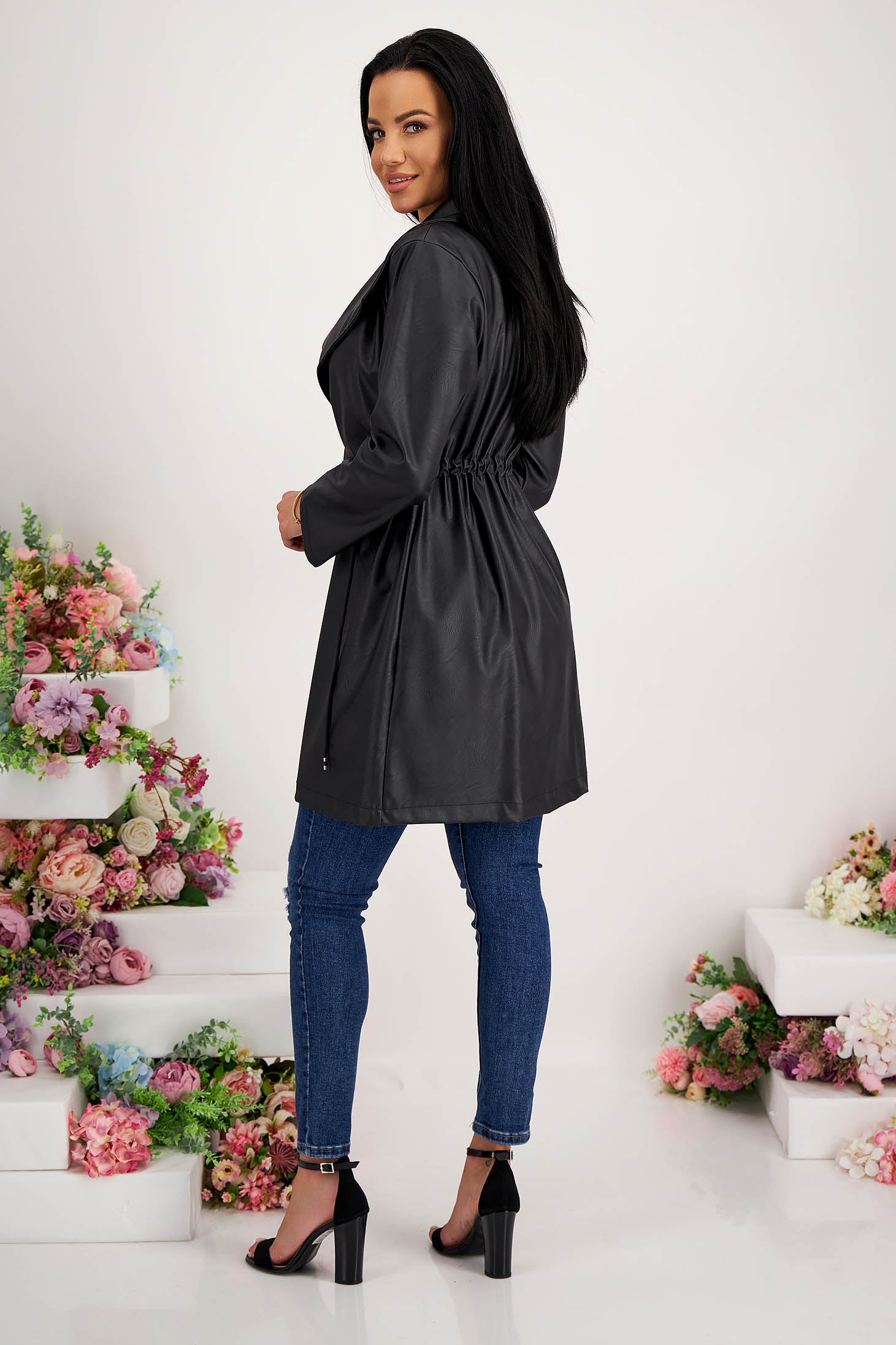 Black faux leather trench coat with wide cut accessorized with waist cord - SunShine 4 - StarShinerS.com