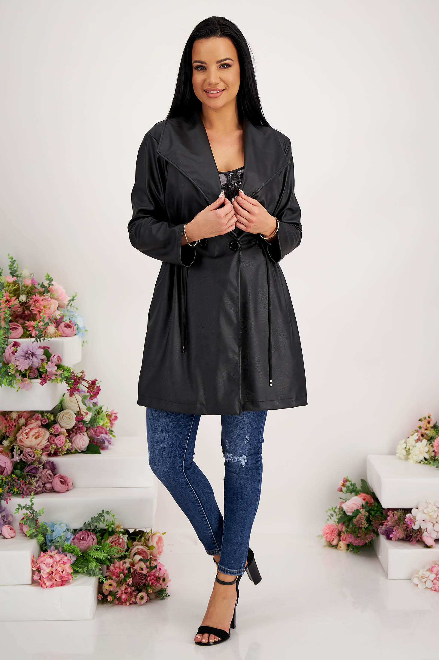 Black faux leather trench coat with wide cut accessorized with waist cord - SunShine 3 - StarShinerS.com