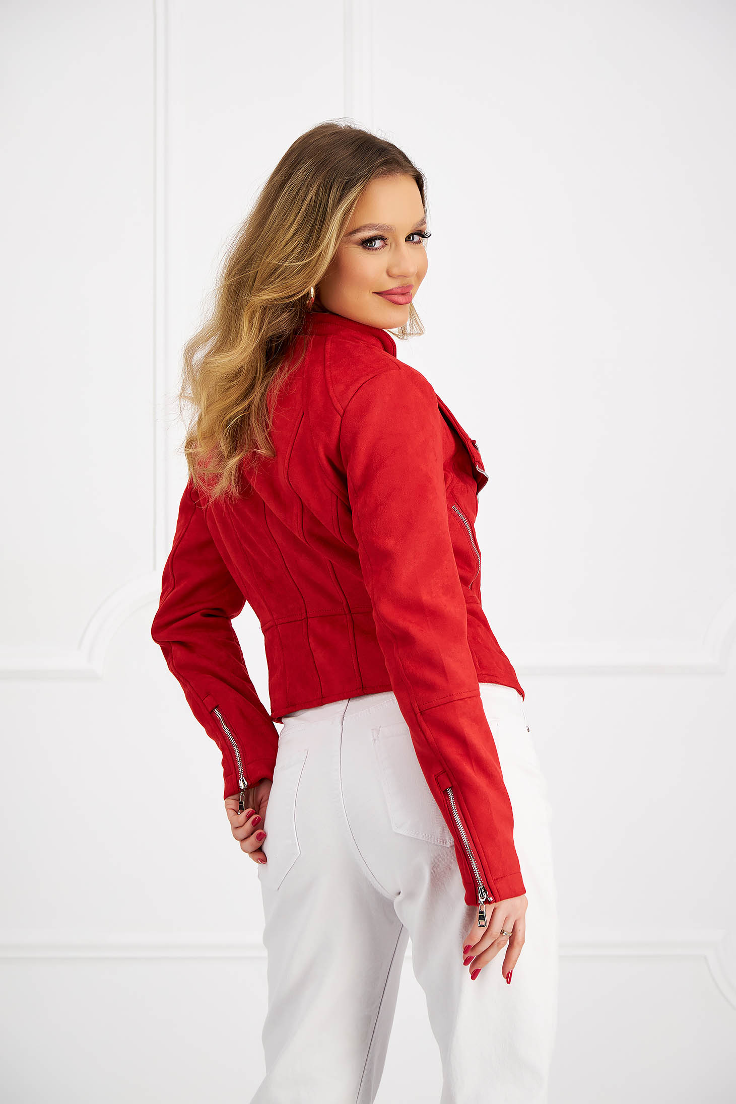 Red jacket from ecological leather from suede tented 3 - StarShinerS.com