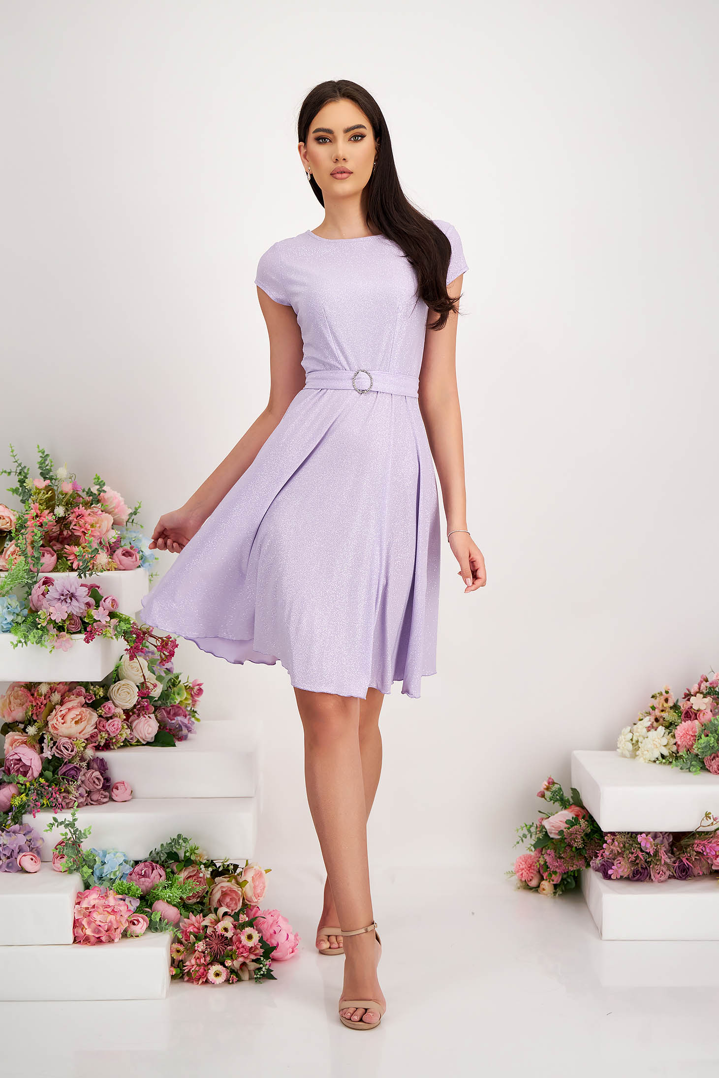 Lycra Dress with Lilac Glitter in Flared Style with Waist Elastic - StarShinerS 5 - StarShinerS.com