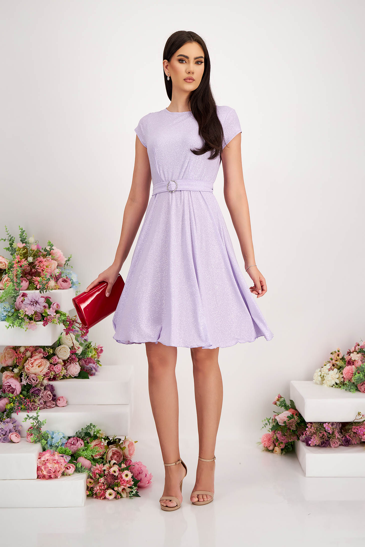 Lycra Dress with Lilac Glitter in Flared Style with Waist Elastic - StarShinerS 4 - StarShinerS.com
