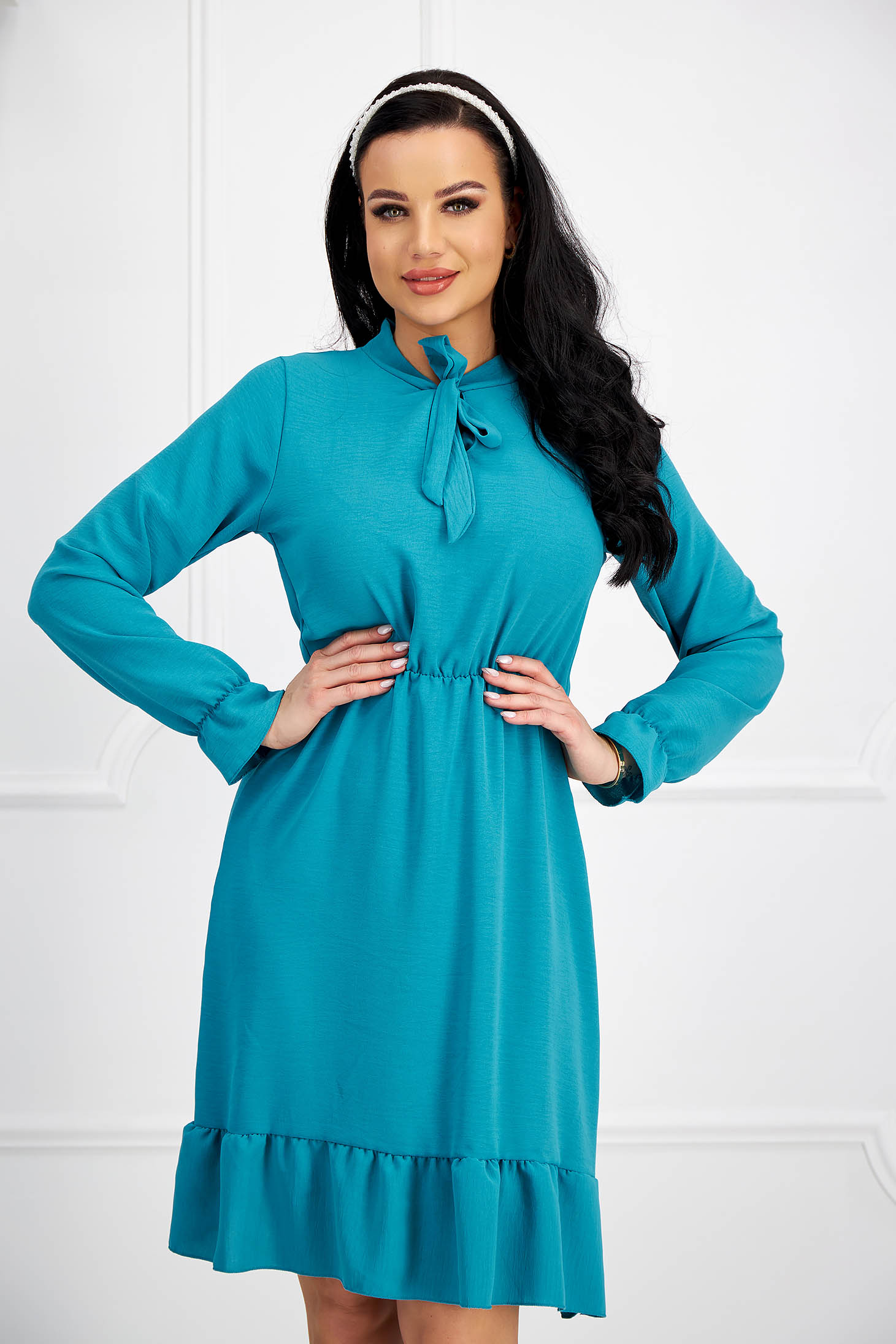 Turquoise Georgette Dress in A-line with Elastic Waist and Scarf-like Collar - Lady Pandora 6 - StarShinerS.com