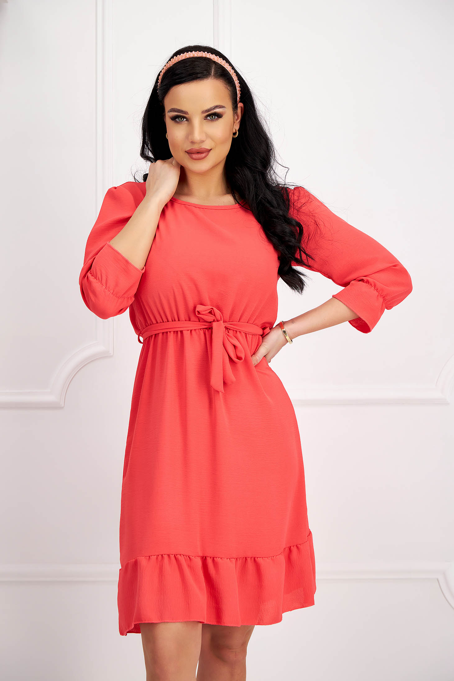 Coral Georgette Dress in A-line with Elastic Waist and Detachable Belt - Lady Pandora 5 - StarShinerS.com