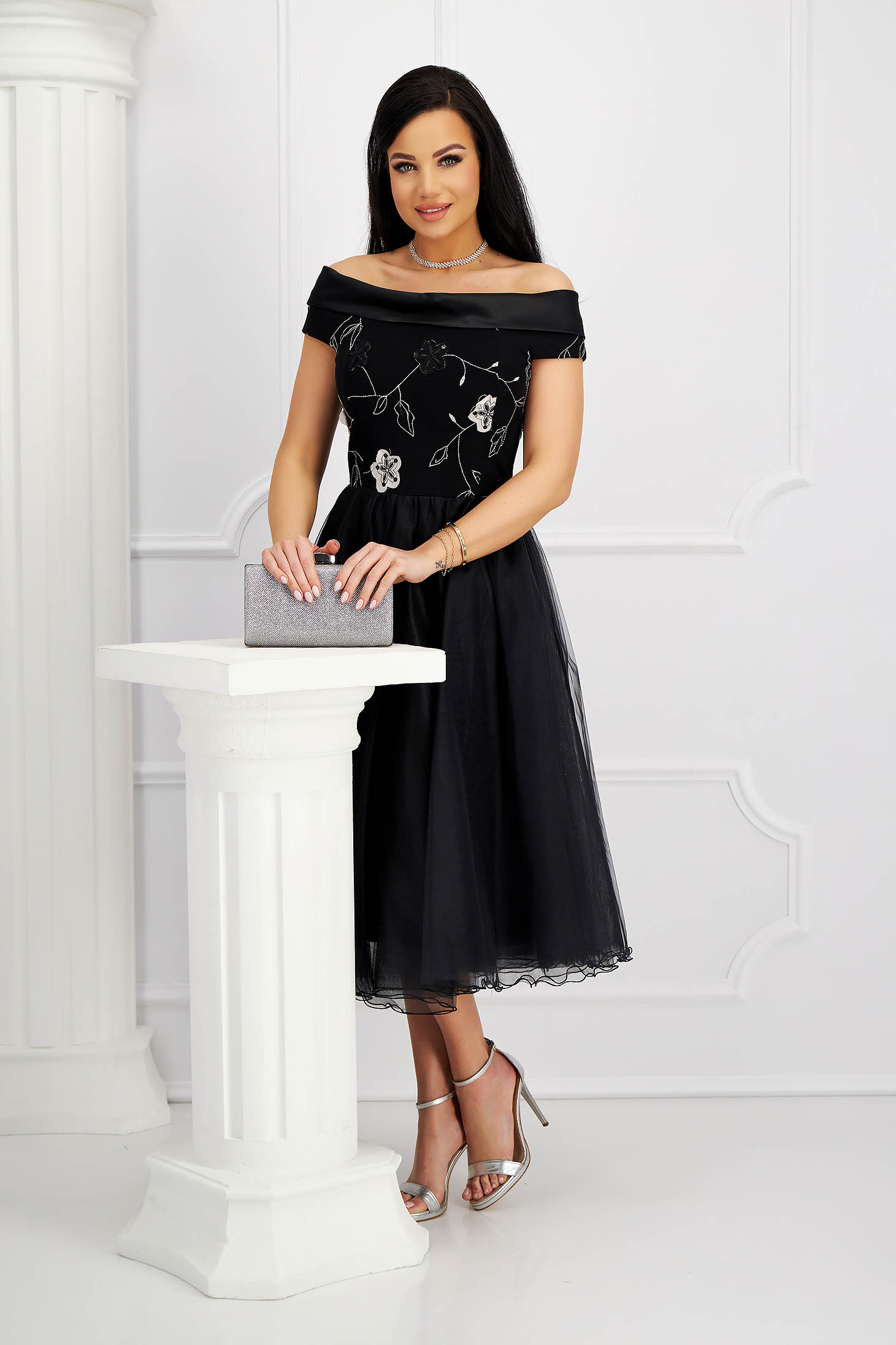 Black dress midi cloche from tulle naked shoulders lace overlay 3 - StarShinerS.com