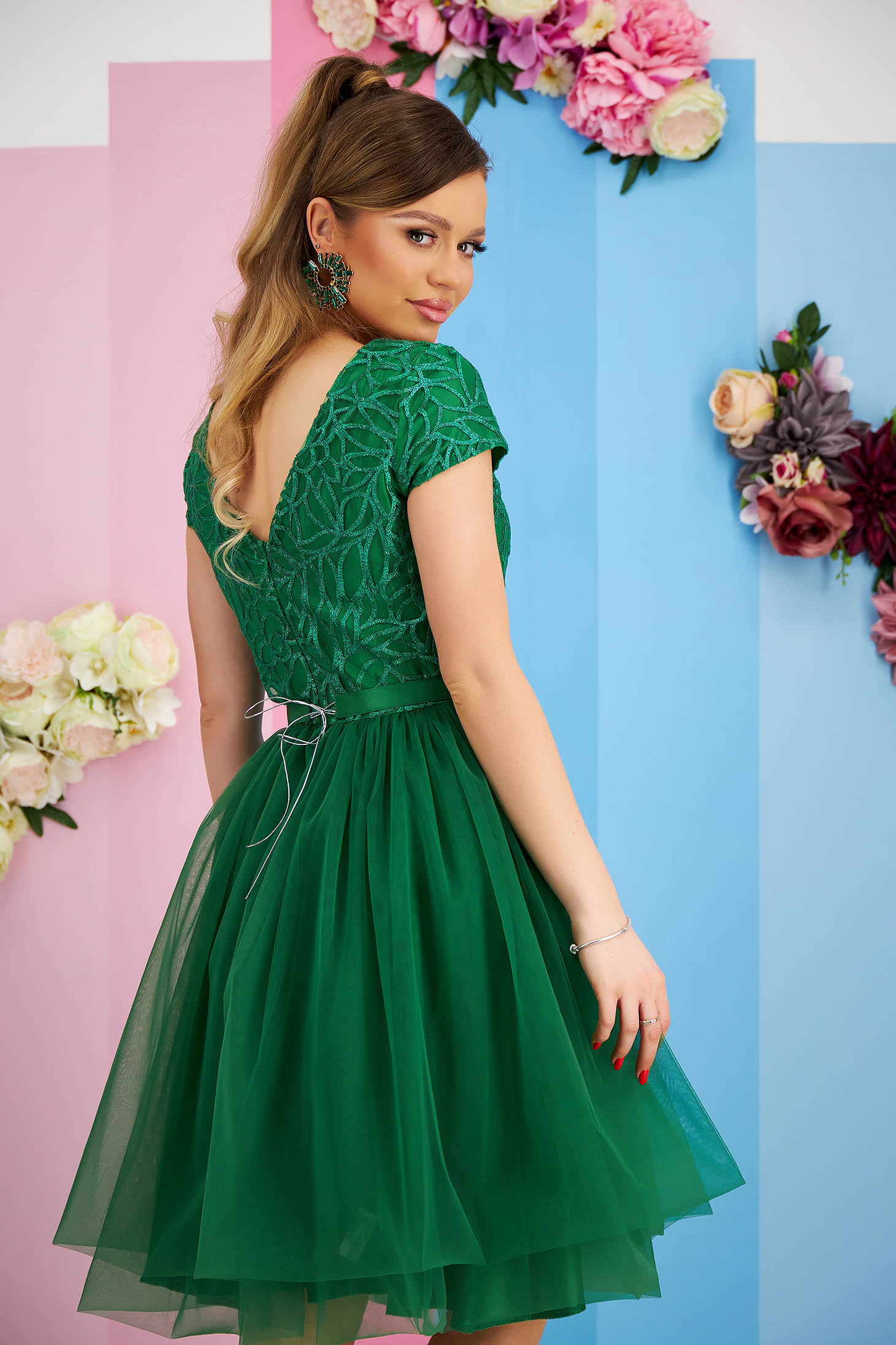 Green tulle and lace dress in a skater style with glitter applications - StarShinerS 3 - StarShinerS.com