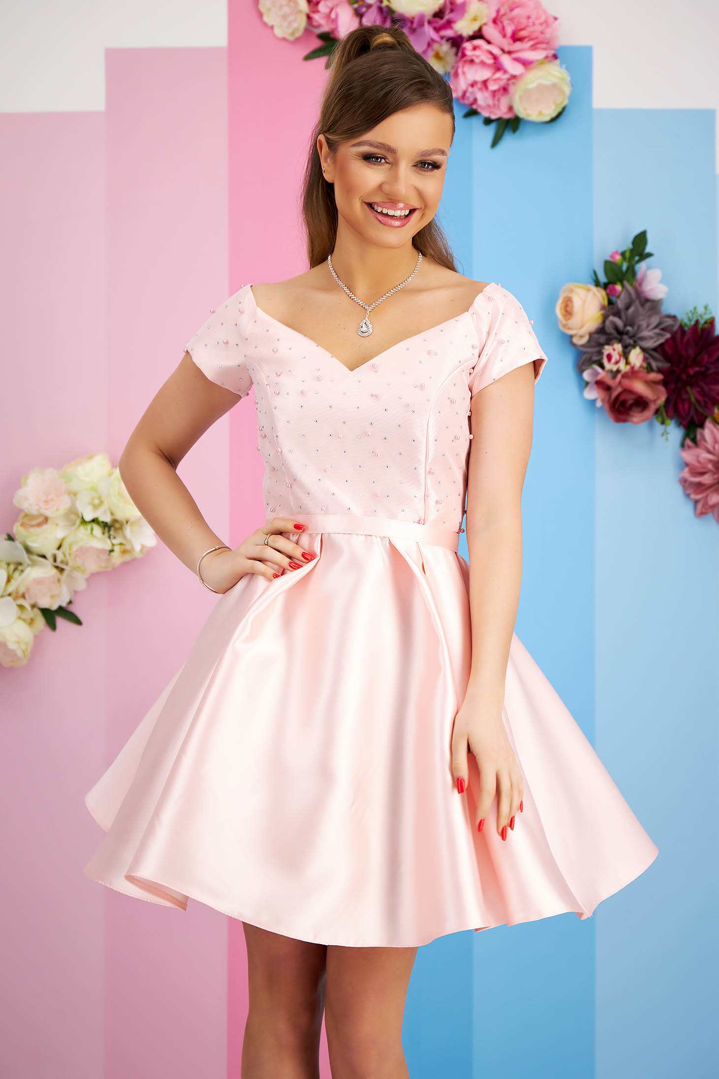 Light Pink Taffeta Short A-Line Dress with Pearl Applications - StarShinerS 2 - StarShinerS.com