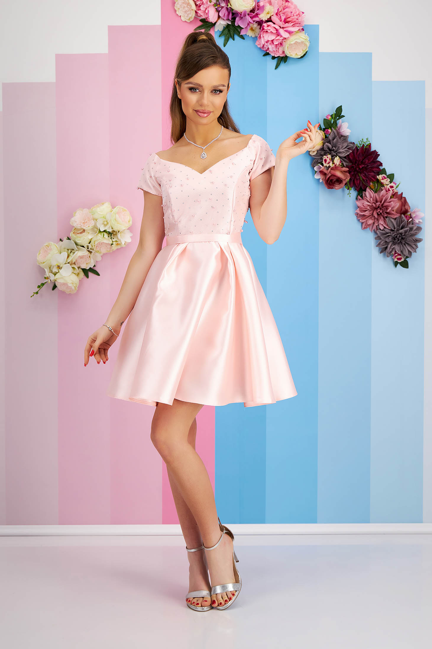 Light Pink Taffeta Short A-Line Dress with Pearl Applications - StarShinerS 4 - StarShinerS.com