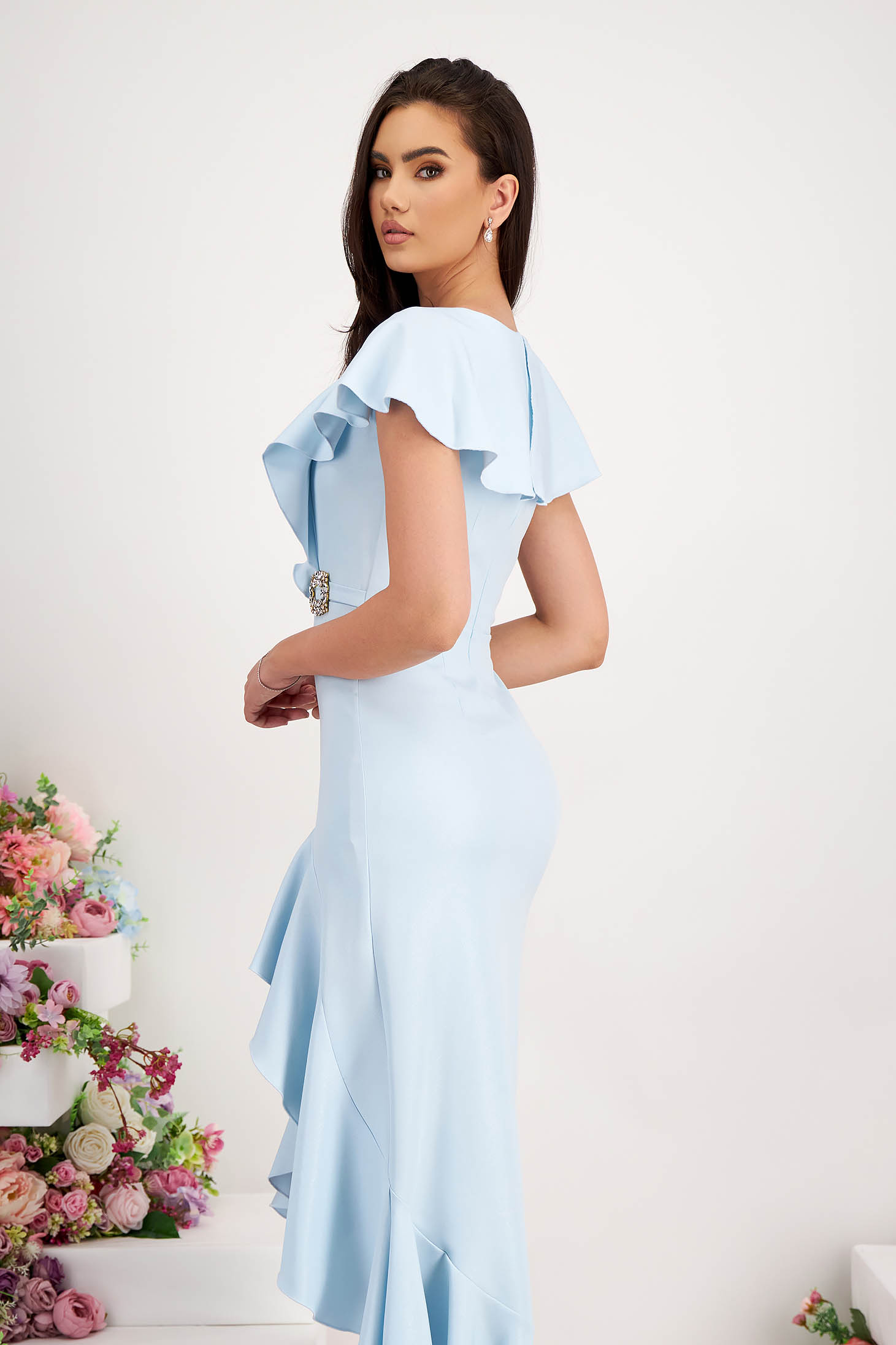 Light Blue Asymmetrical Elastic Fabric Dress with Ruffles and V-Neck - StarShinerS 2 - StarShinerS.com