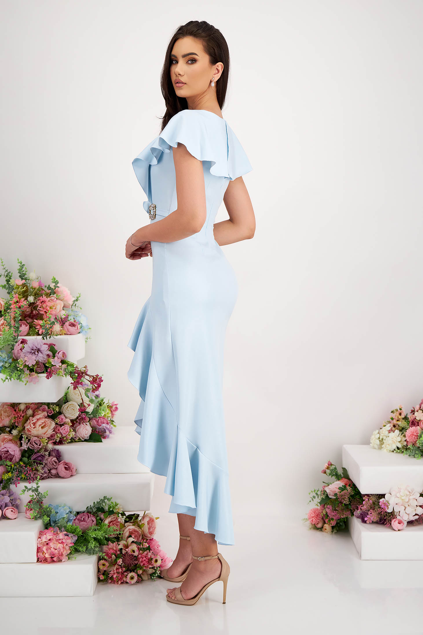 Light Blue Asymmetrical Elastic Fabric Dress with Ruffles and V-Neck - StarShinerS 5 - StarShinerS.com