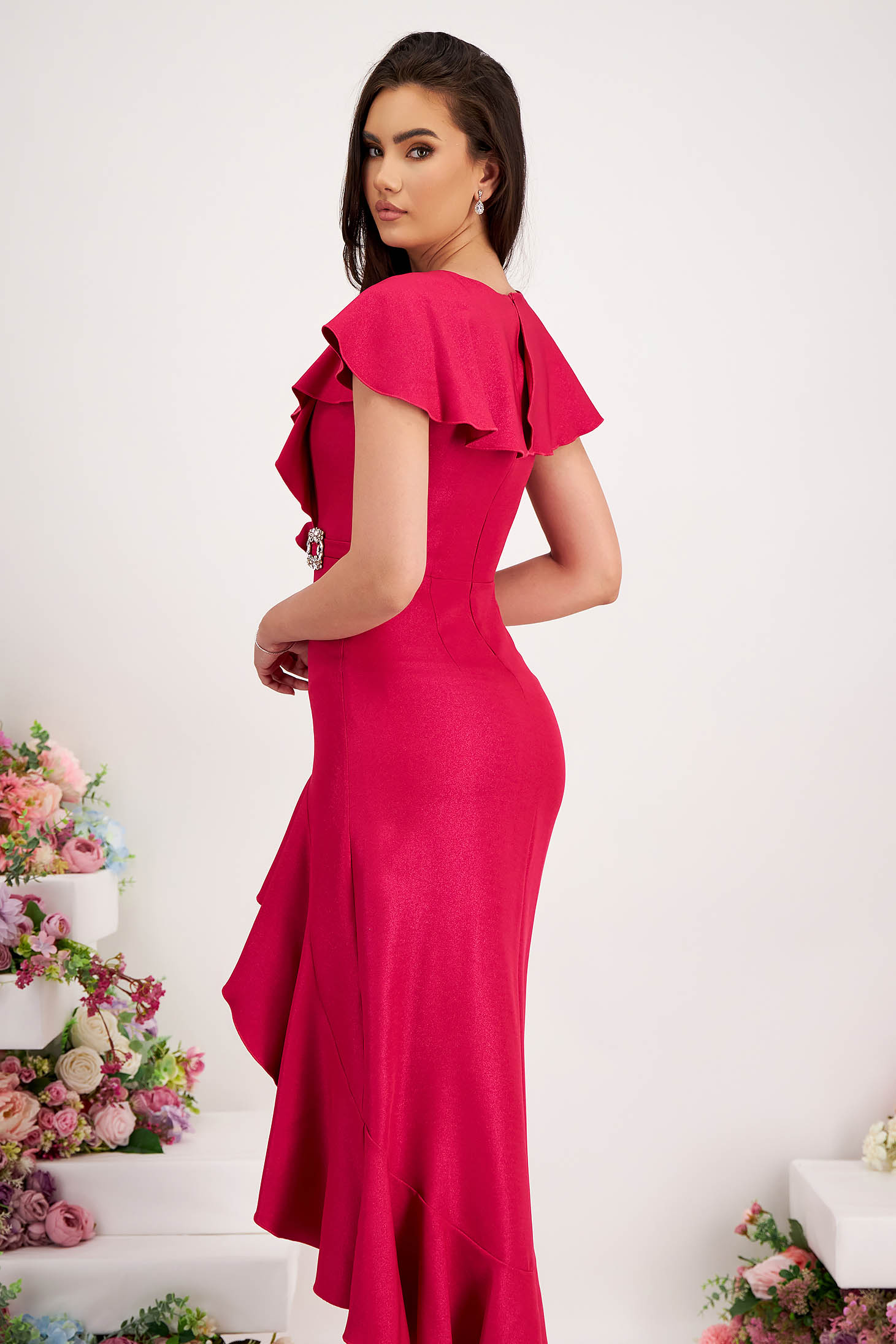 Asymmetric fuchsia elastic fabric dress with ruffles and v-neckline - StarShinerS 3 - StarShinerS.com