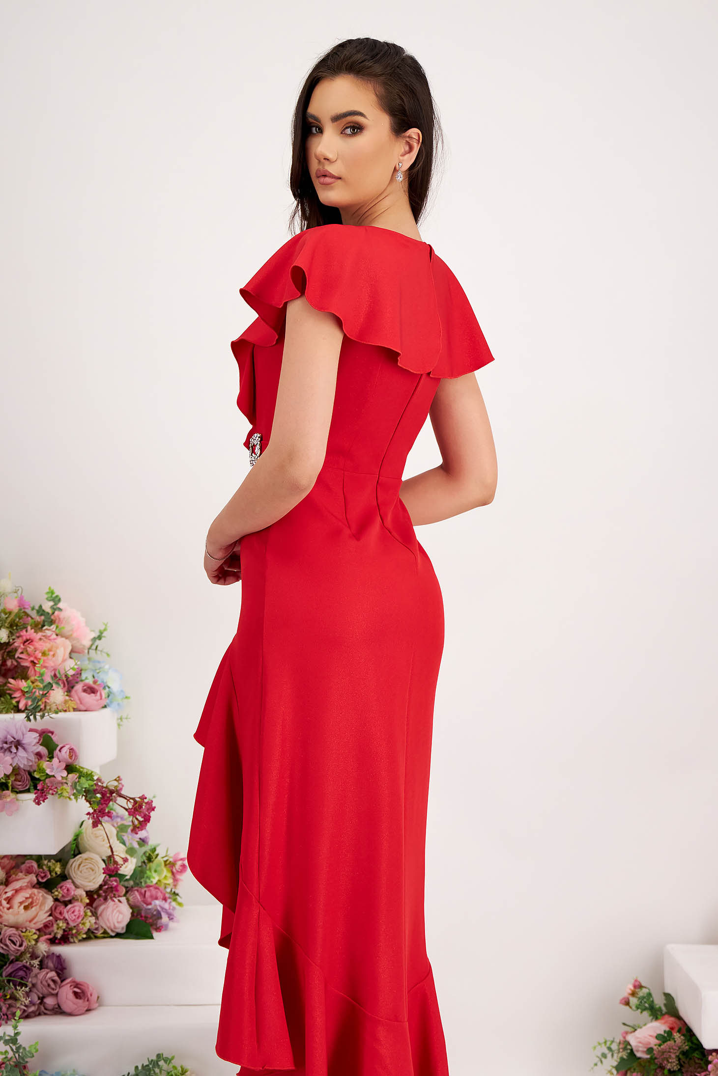 Red Asymmetric Elastic Fabric Dress with Ruffles and V-Neckline - StarShinerS 4 - StarShinerS.com