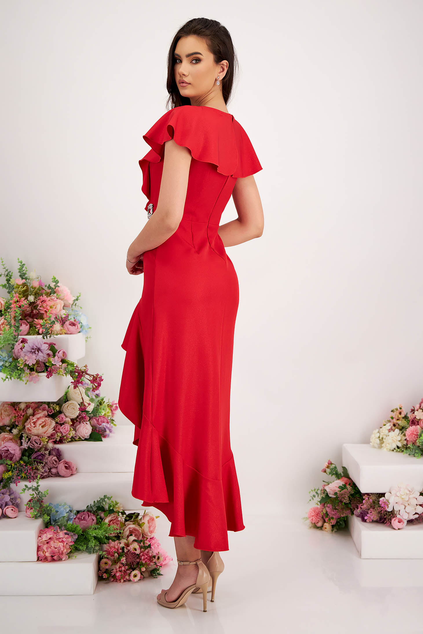 Red Asymmetric Elastic Fabric Dress with Ruffles and V-Neckline - StarShinerS 6 - StarShinerS.com