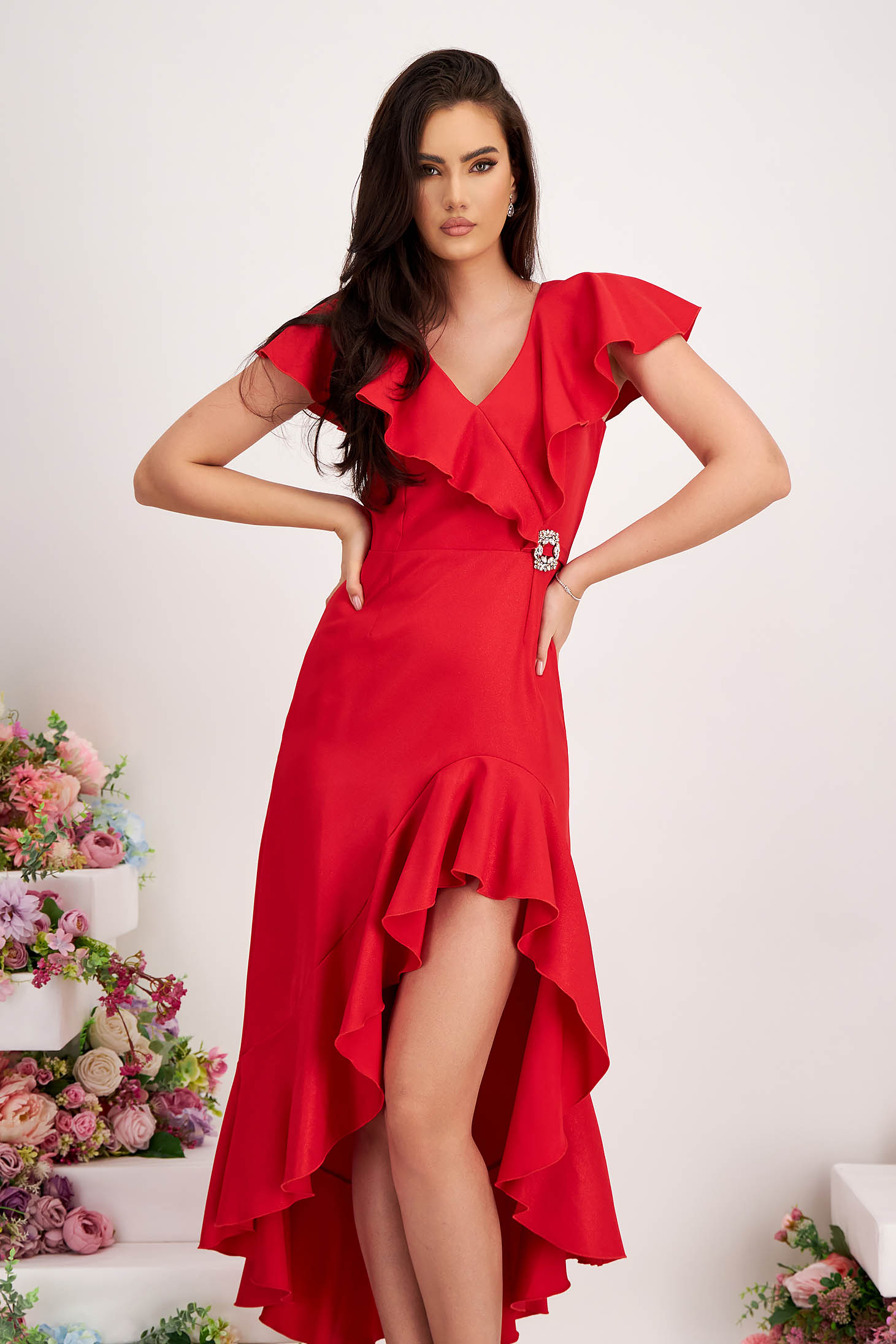 Red Asymmetric Elastic Fabric Dress with Ruffles and V-Neckline - StarShinerS 2 - StarShinerS.com