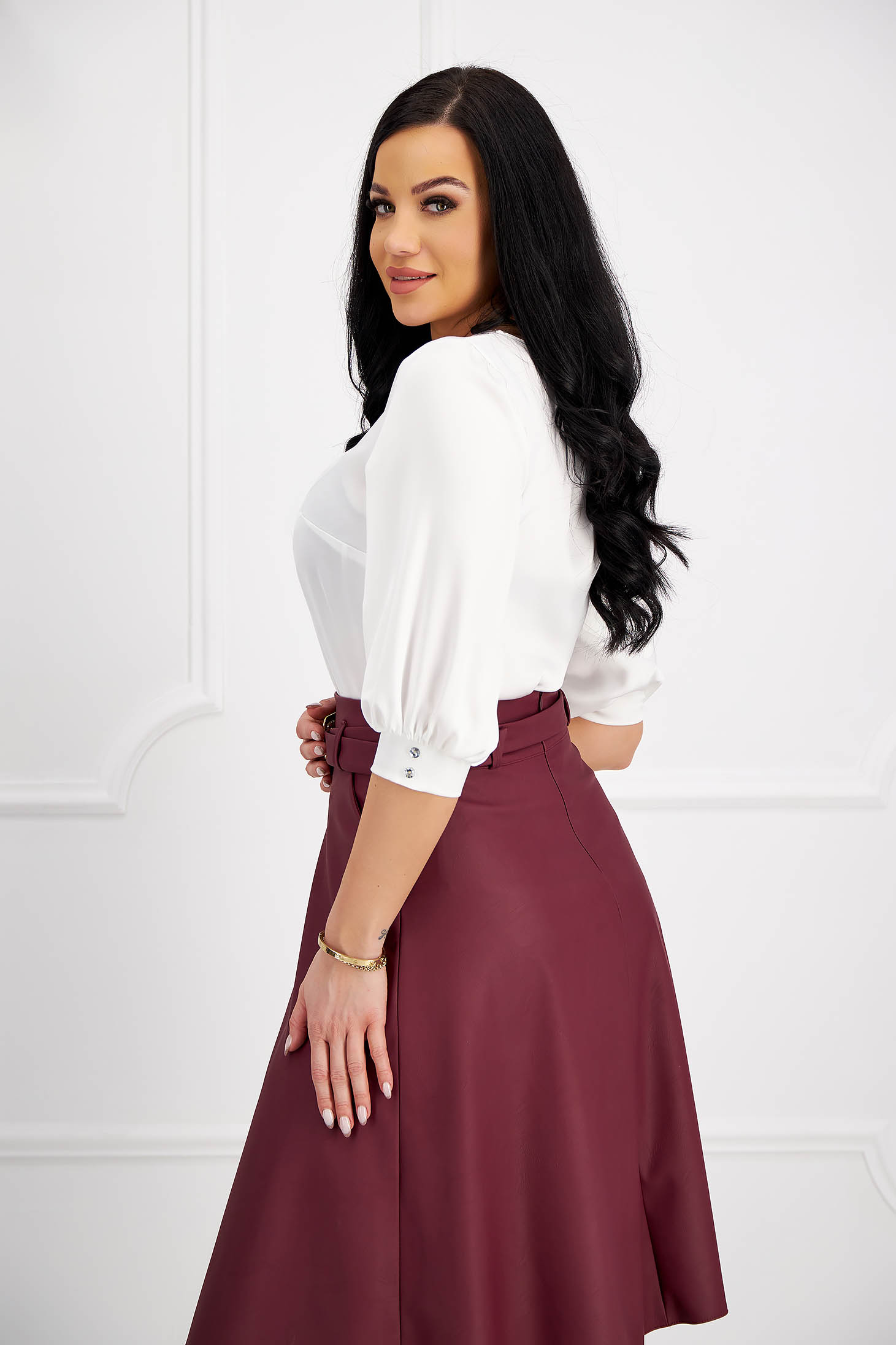 White women`s blouse from satin loose fit with cuffs with decorative buttons - StarShinerS 2 - StarShinerS.com