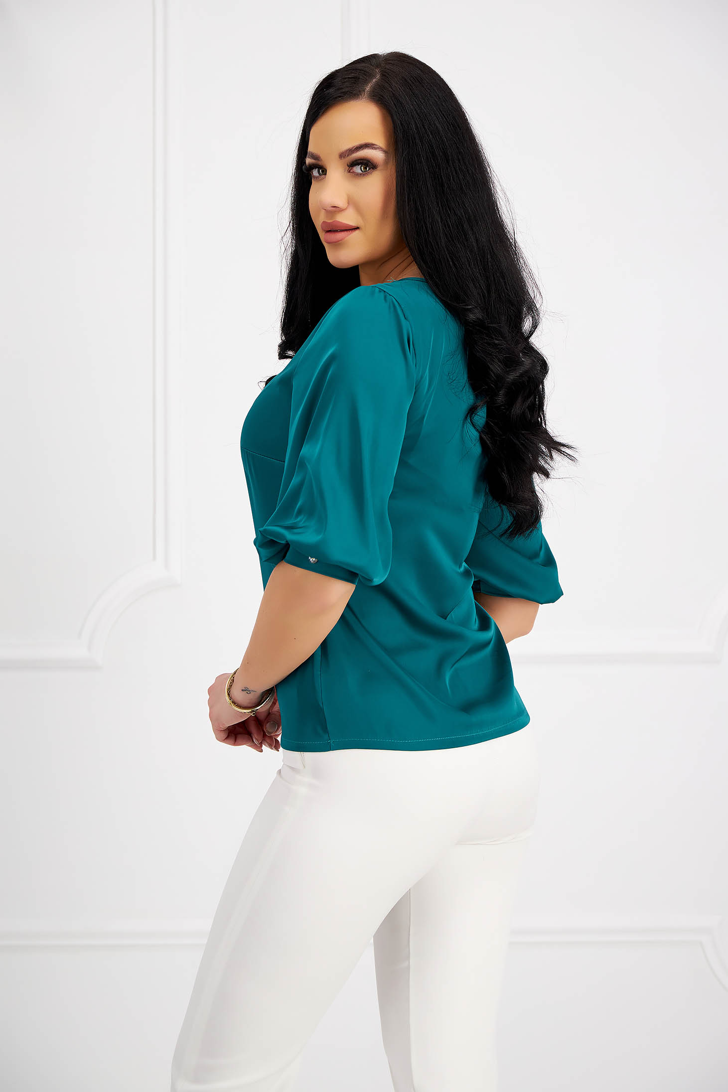 Women's green satin blouse with loose fit and decorative buttons on the cuffs - StarShinerS 2 - StarShinerS.com