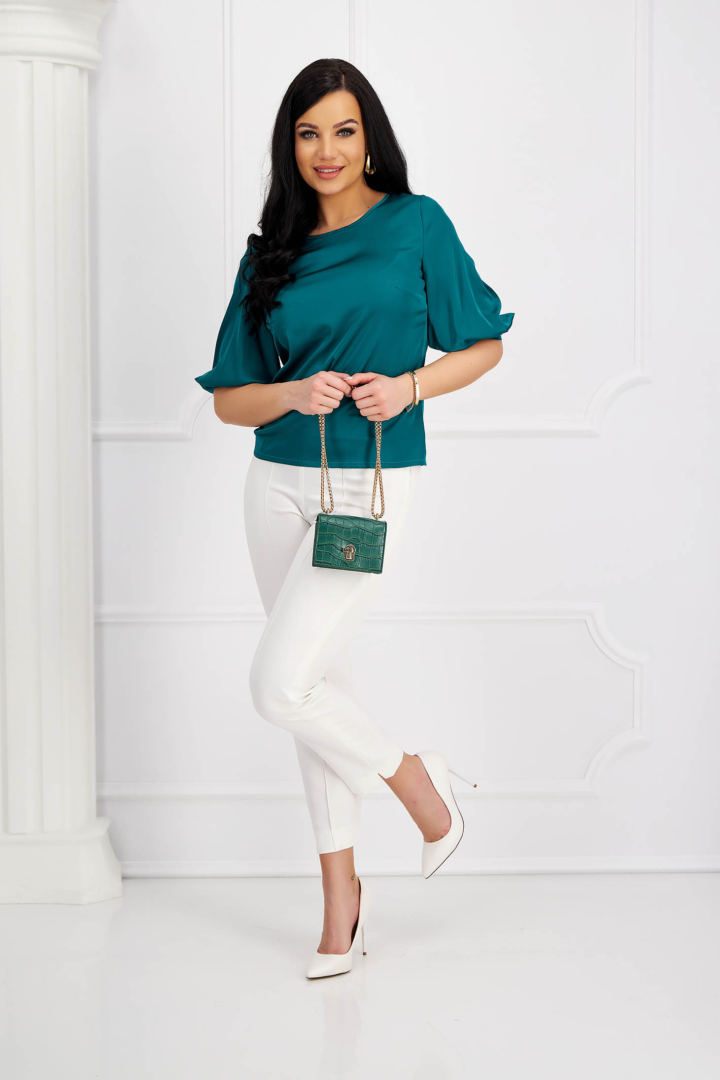Women's green satin blouse with loose fit and decorative buttons on the cuffs - StarShinerS 6 - StarShinerS.com
