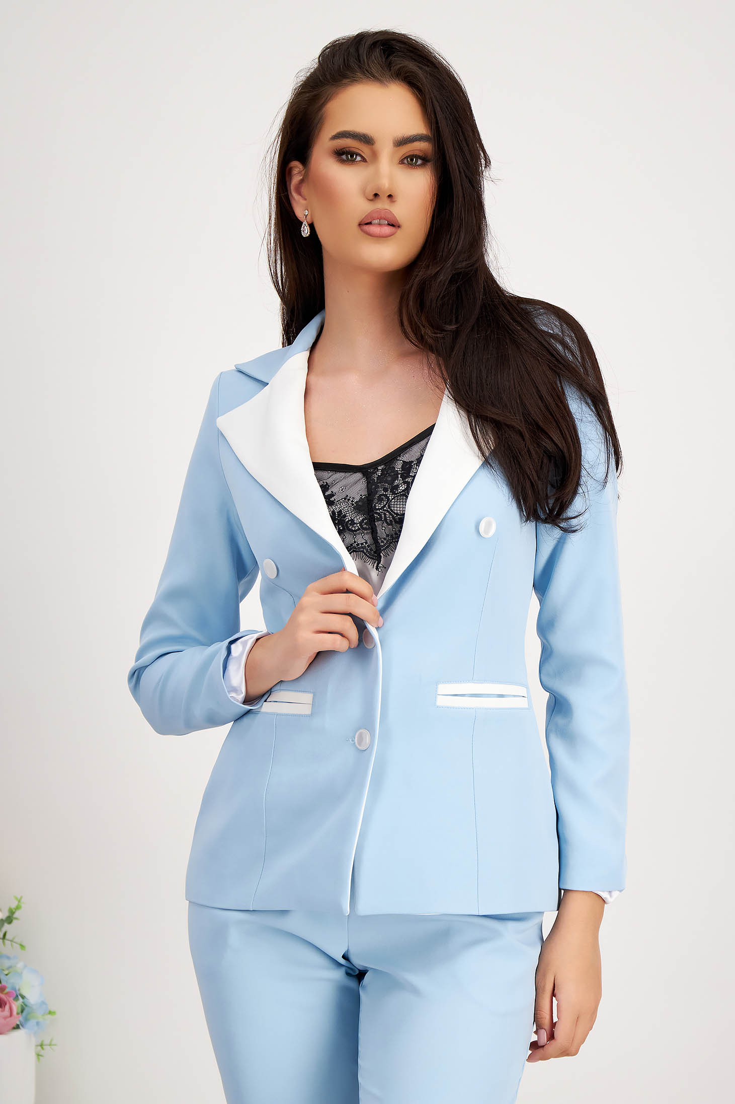 Light Blue Elastic Fabric Suit with Contrasting Lapels - StarShinerS 2 - StarShinerS.com