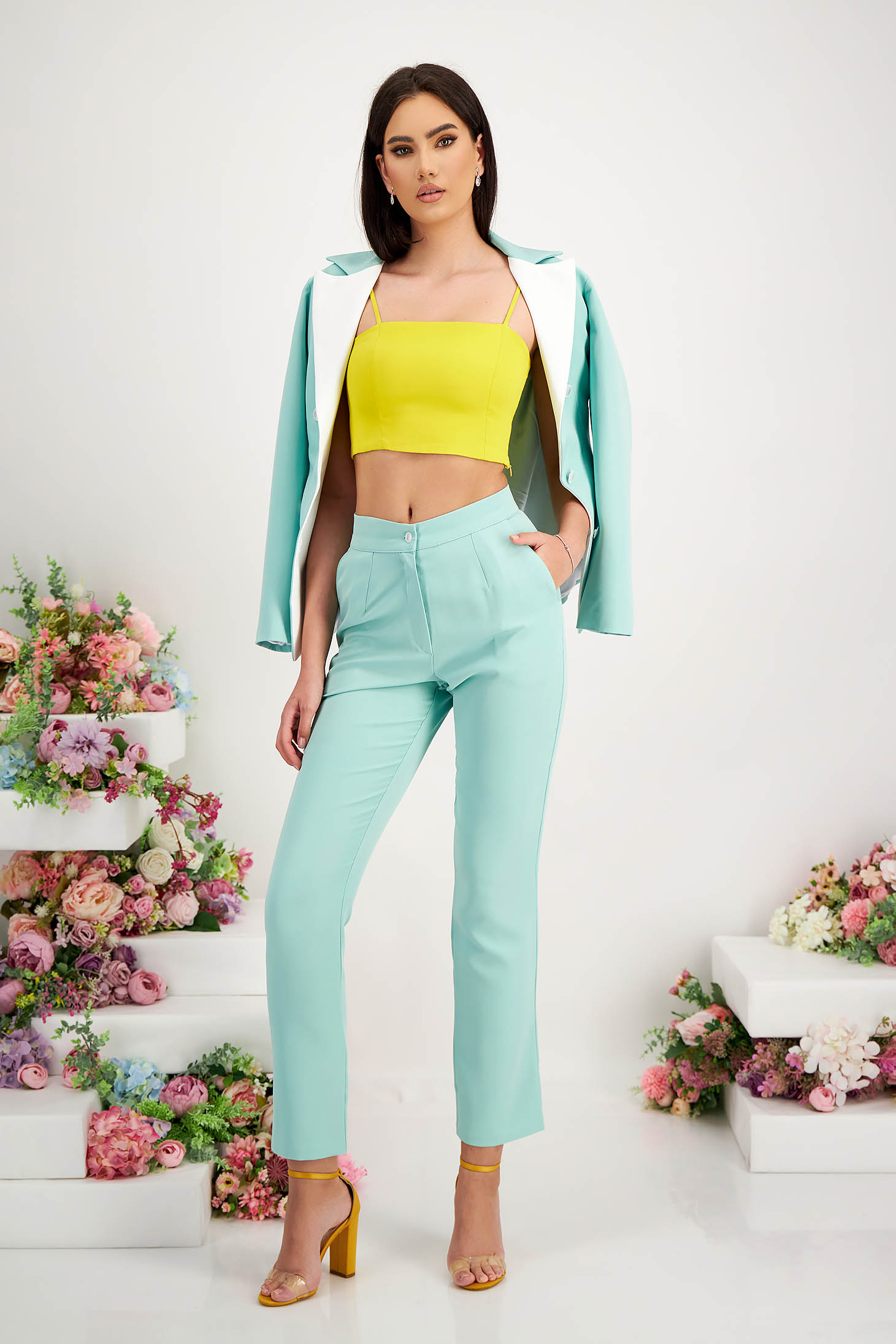 Light Green Elastic Fabric Suit with Contrasting Lapels - StarShinerS 6 - StarShinerS.com
