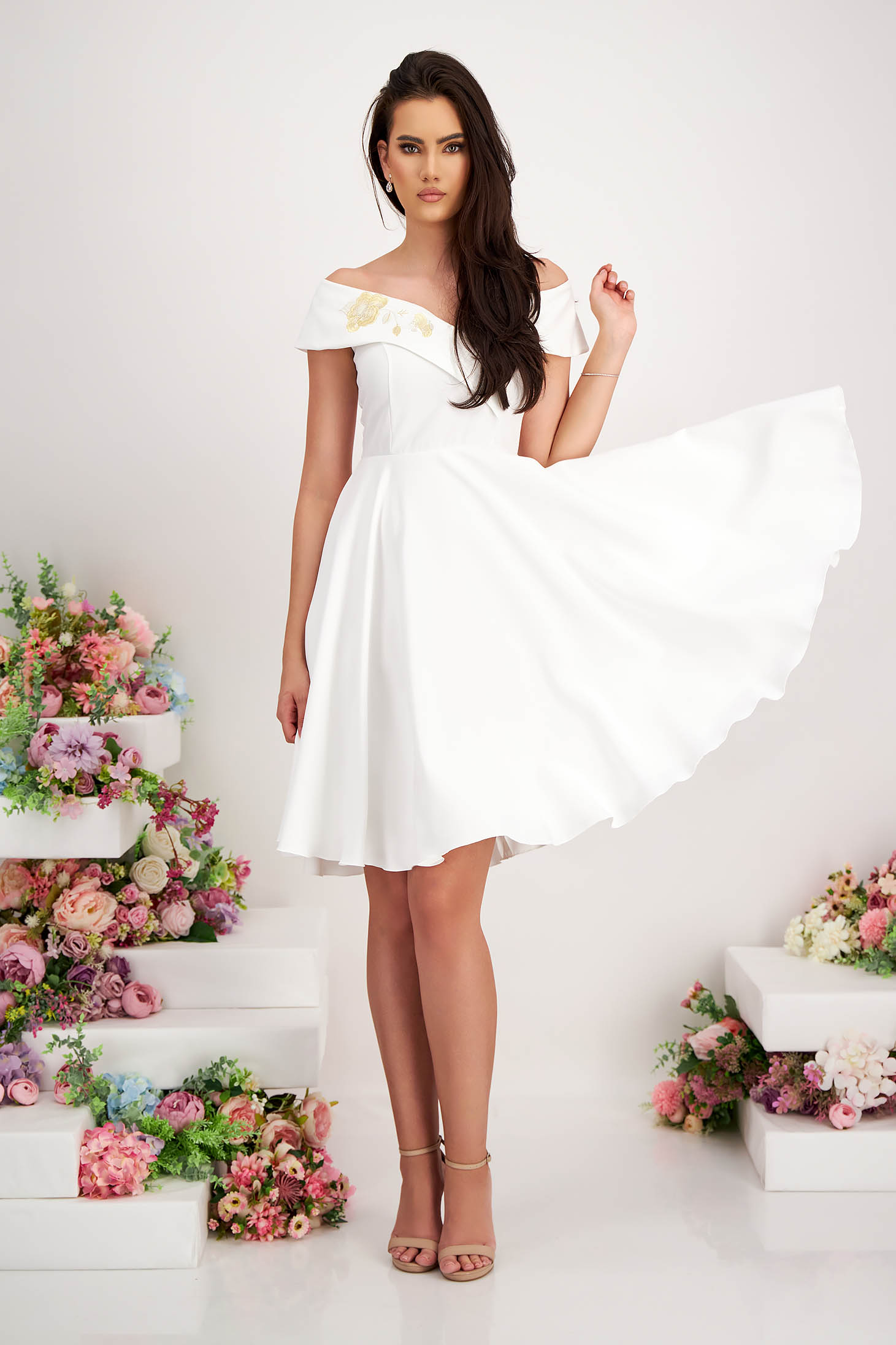 Ivory Elastic Fabric Midi Dress in A-line with Bare Shoulders and Frontal Embroidery - StarShinerS 3 - StarShinerS.com