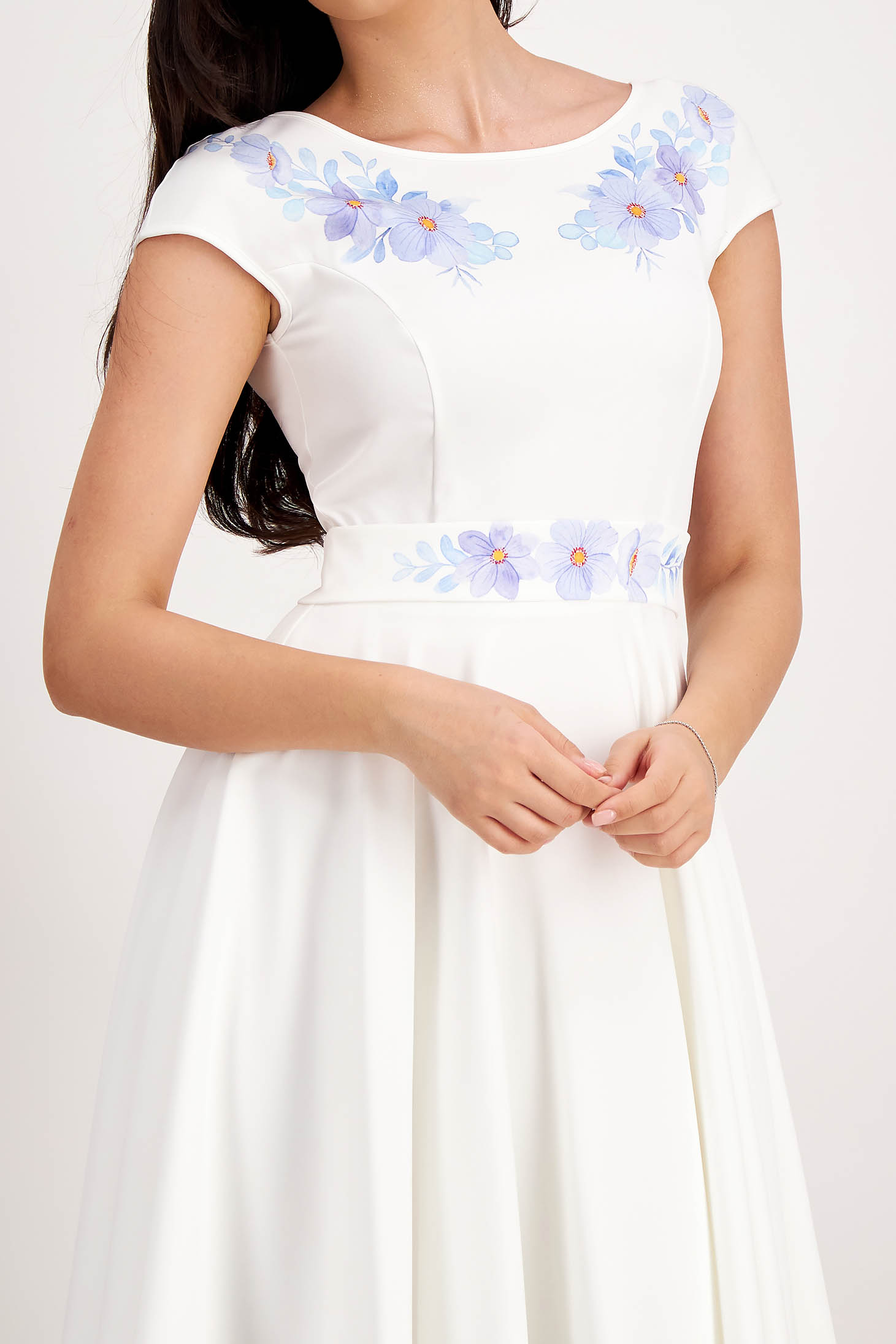 Midi white dress made from slightly elastic fabric with digital floral print - StarShinerS 6 - StarShinerS.com