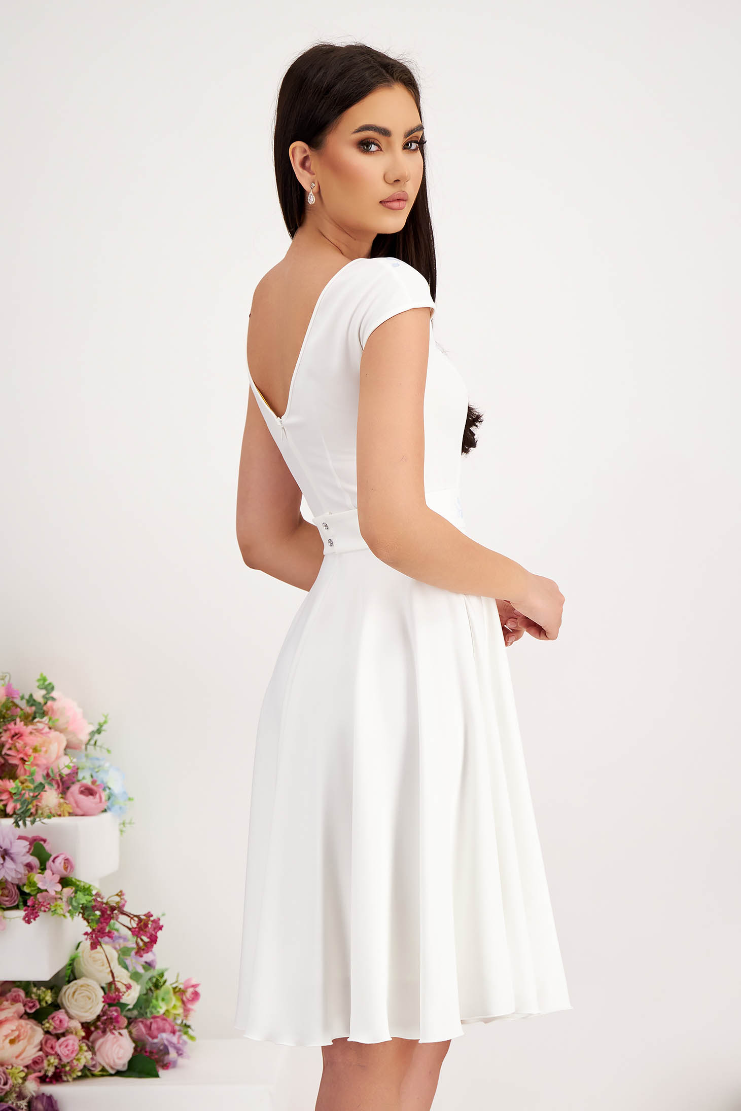 Midi white dress made from slightly elastic fabric with digital floral print - StarShinerS 2 - StarShinerS.com