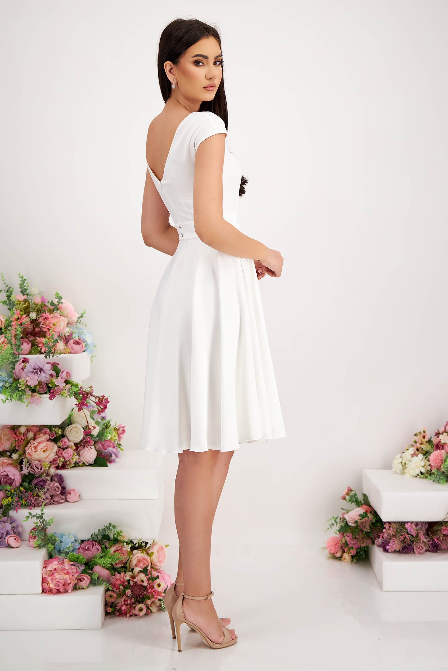 Midi white dress made from slightly elastic fabric with digital floral print - StarShinerS 5 - StarShinerS.com