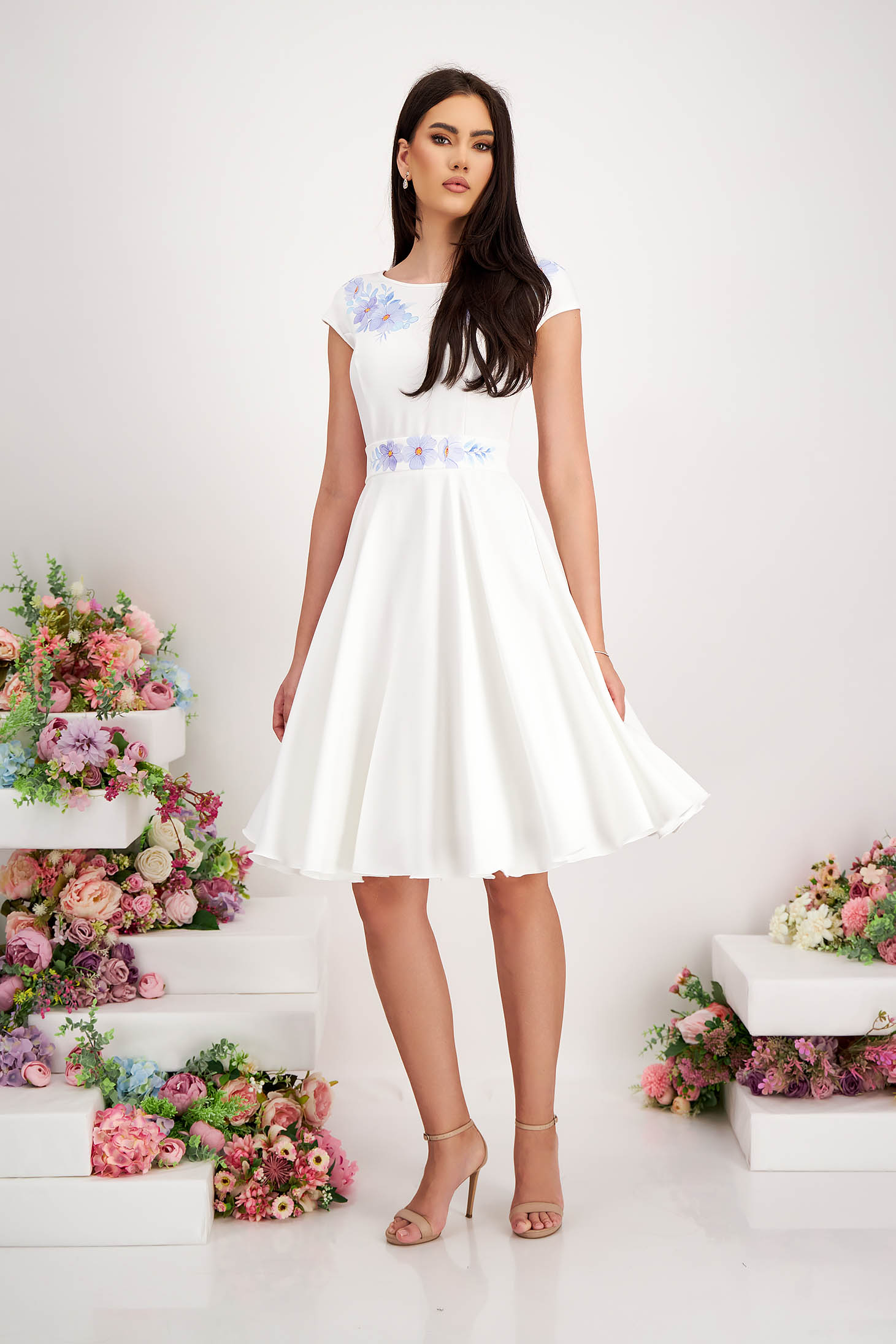 Midi white dress made from slightly elastic fabric with digital floral print - StarShinerS 4 - StarShinerS.com
