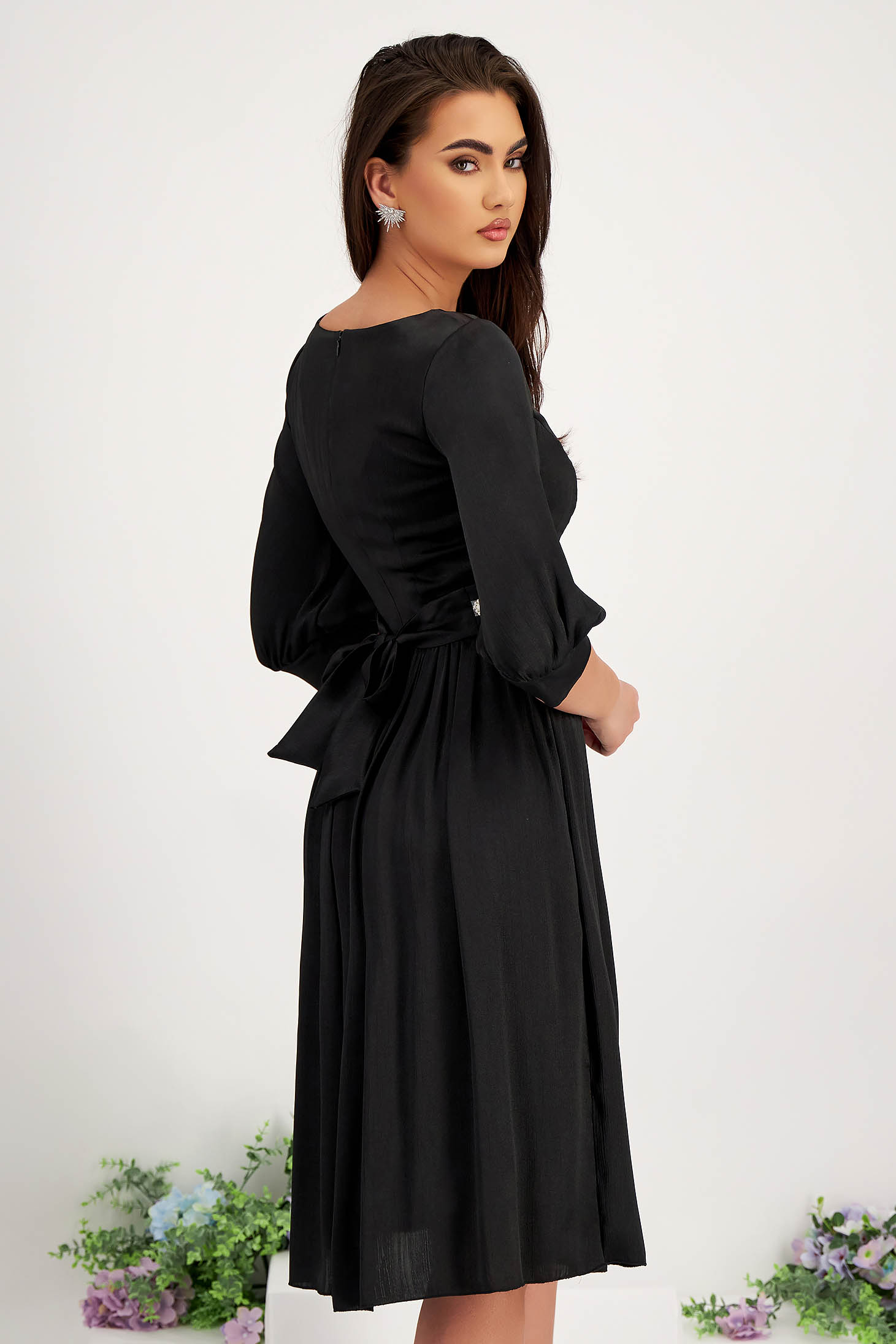 Black satin midi flared dress made of thin material with pearl applications on the cord - StarShinerS 3 - StarShinerS.com