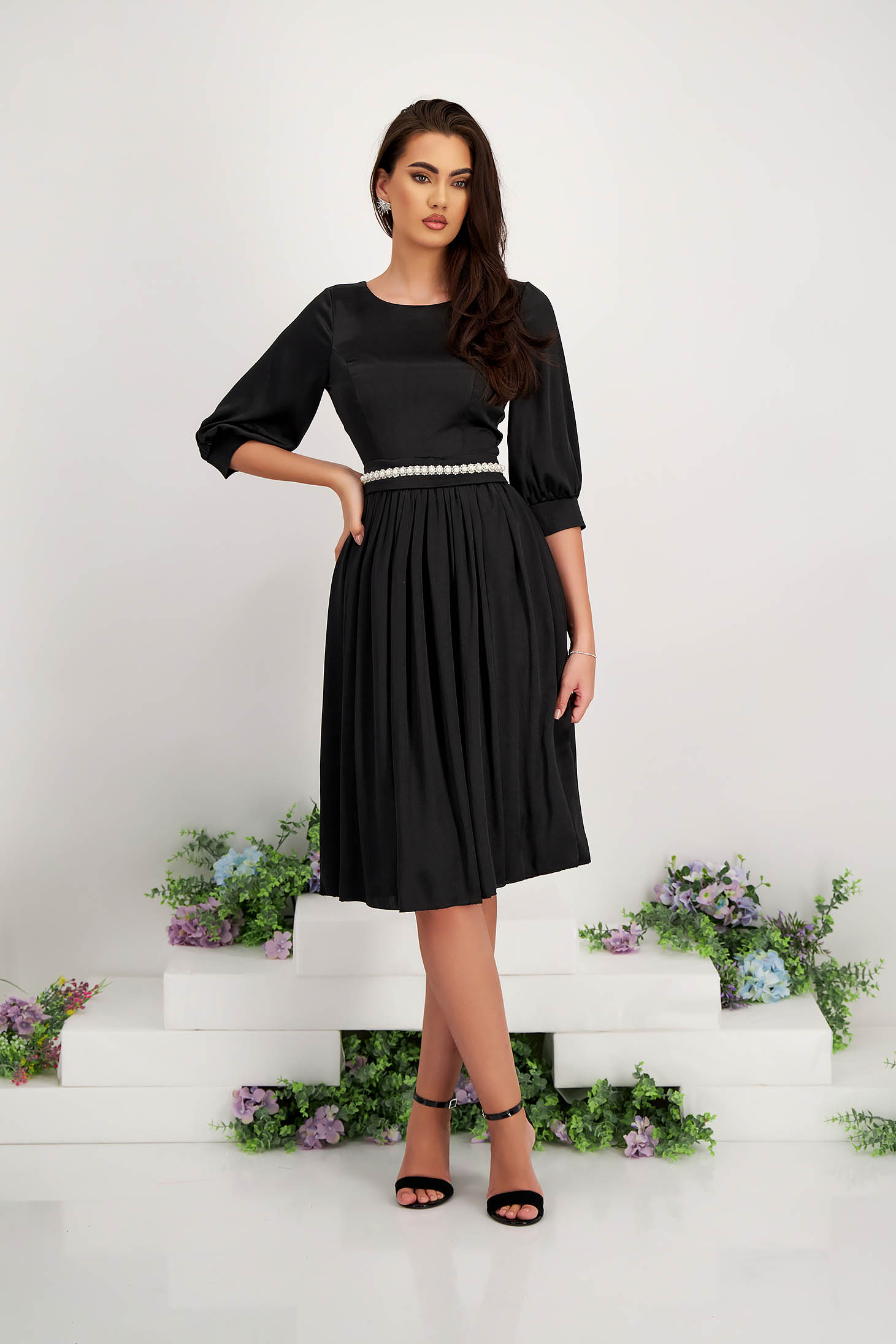Black satin midi flared dress made of thin material with pearl applications on the cord - StarShinerS 6 - StarShinerS.com