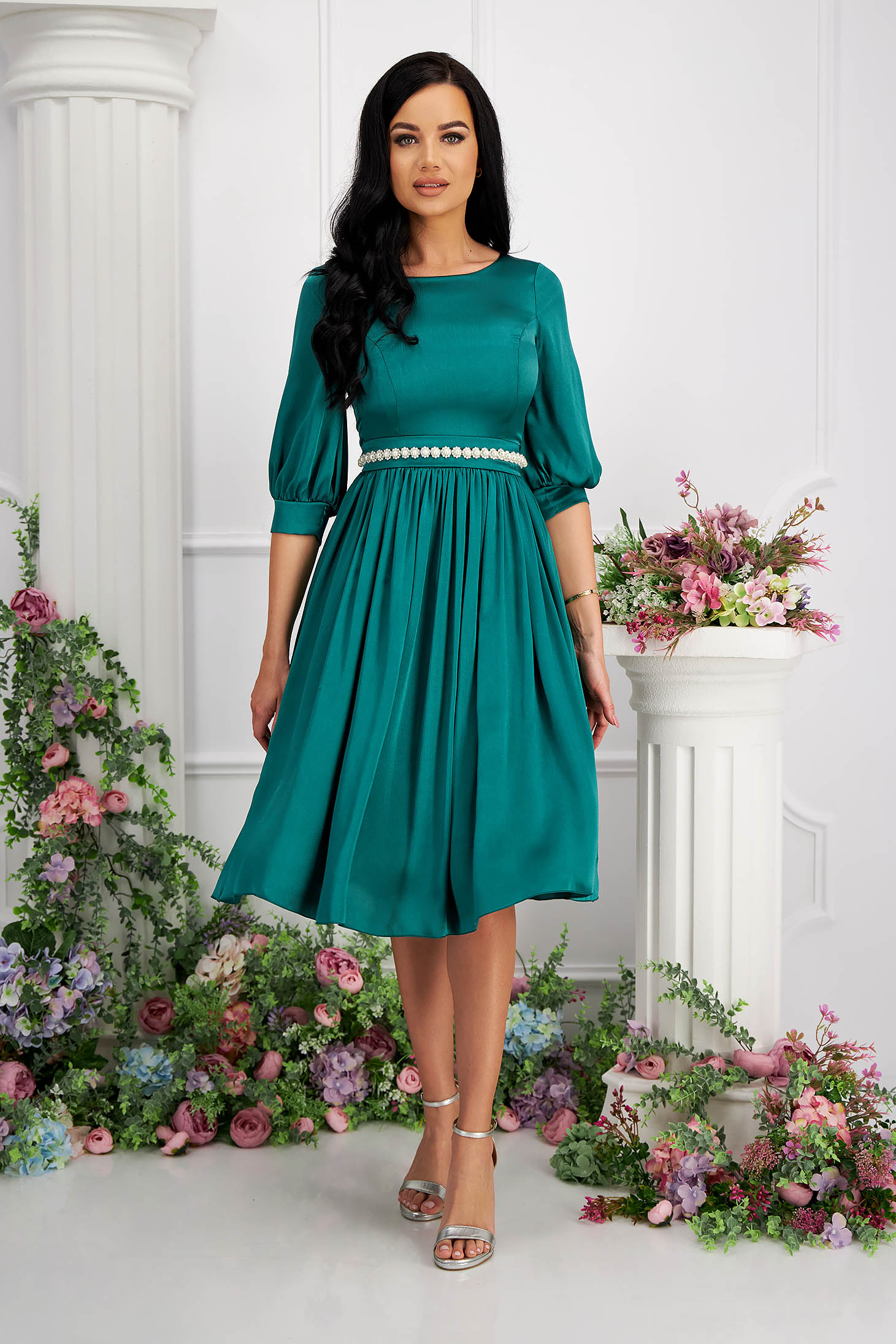 Green Satin Midi Dress in A-line with Pearl Embellishments on Cord - StarShinerS 5 - StarShinerS.com