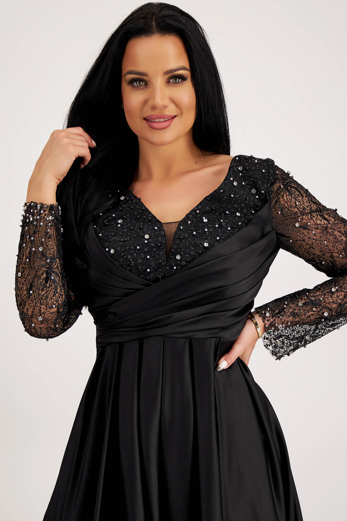 Long black elastic taffeta dress in a bell shape with glitter and strass stone applications 6 - StarShinerS.com