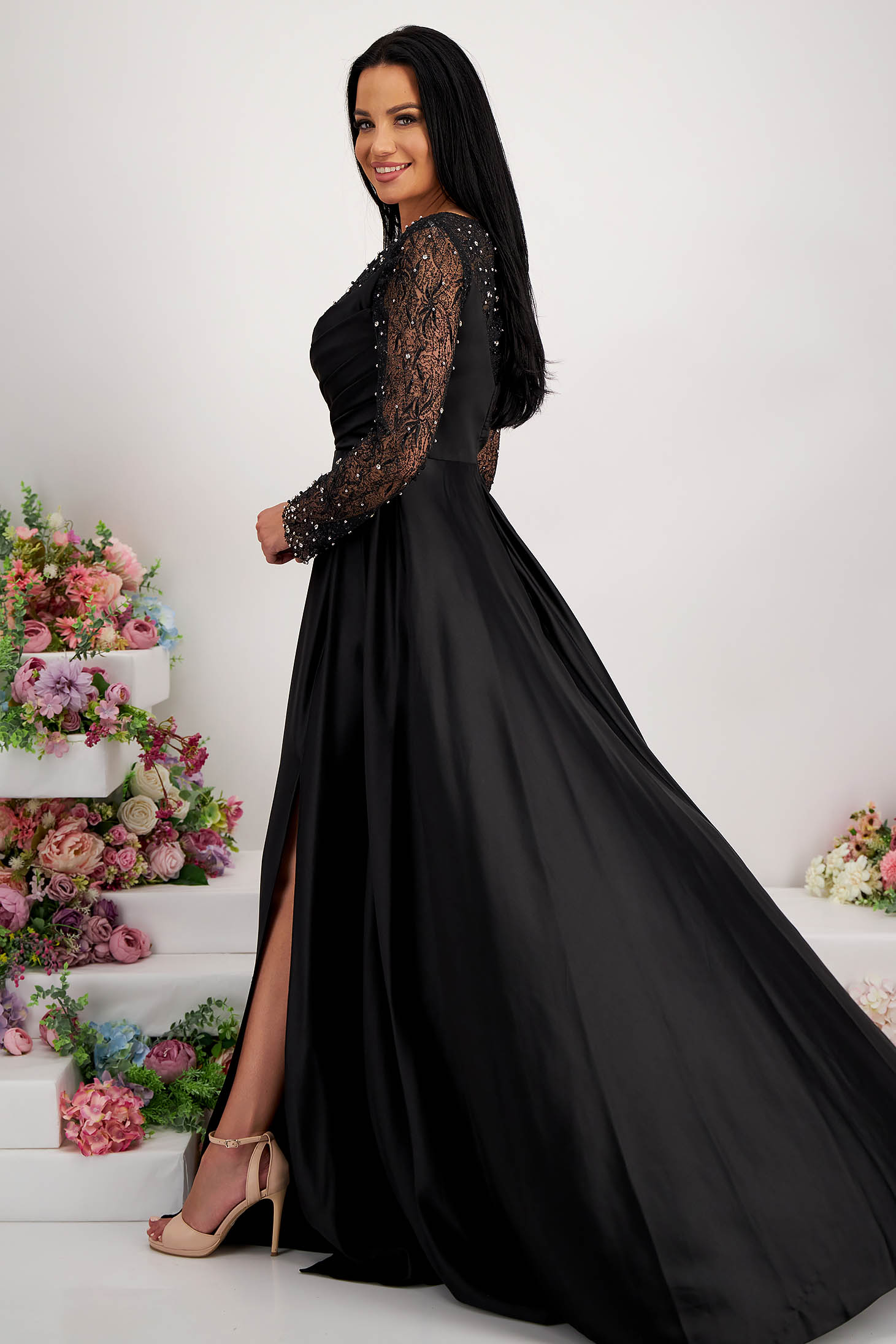 Long black elastic taffeta dress in a bell shape with glitter and strass stone applications 2 - StarShinerS.com