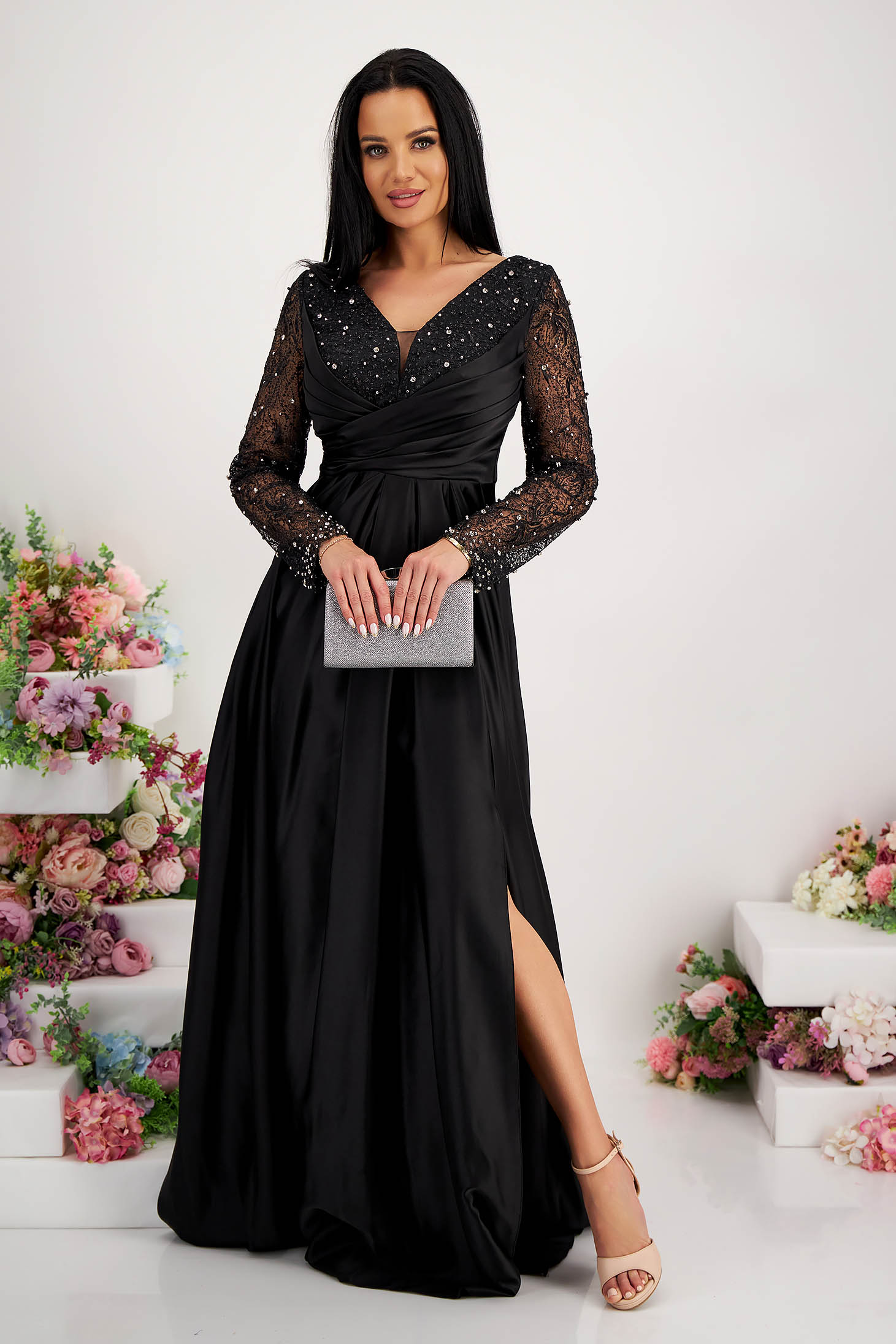 Long black elastic taffeta dress in a bell shape with glitter and strass stone applications 3 - StarShinerS.com