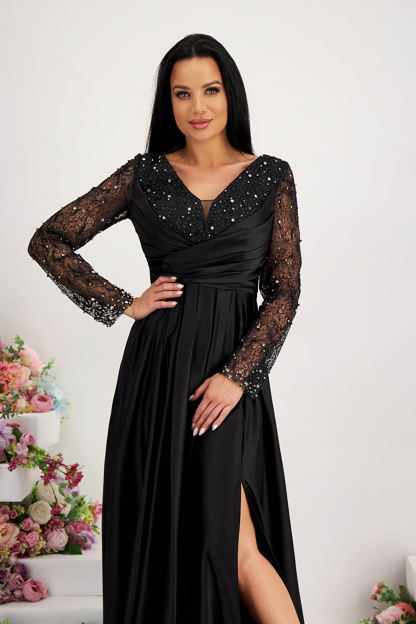 Long black elastic taffeta dress in a bell shape with glitter and strass stone applications 5 - StarShinerS.com
