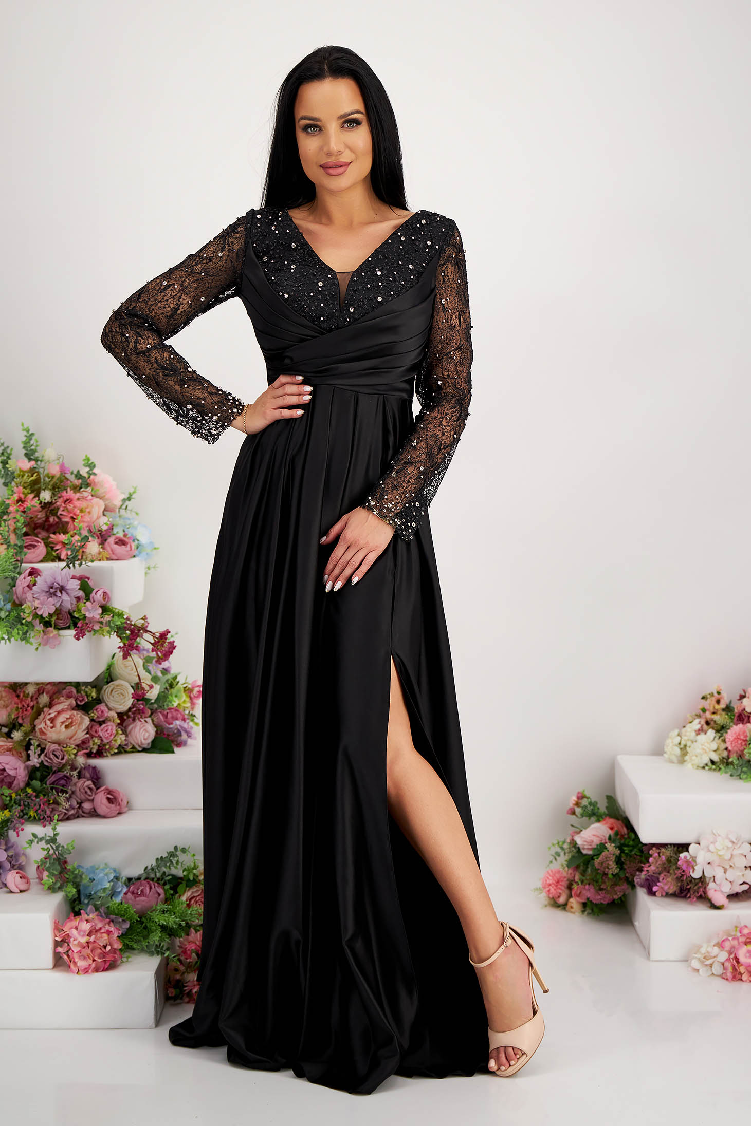 Long black elastic taffeta dress in a bell shape with glitter and strass stone applications 4 - StarShinerS.com