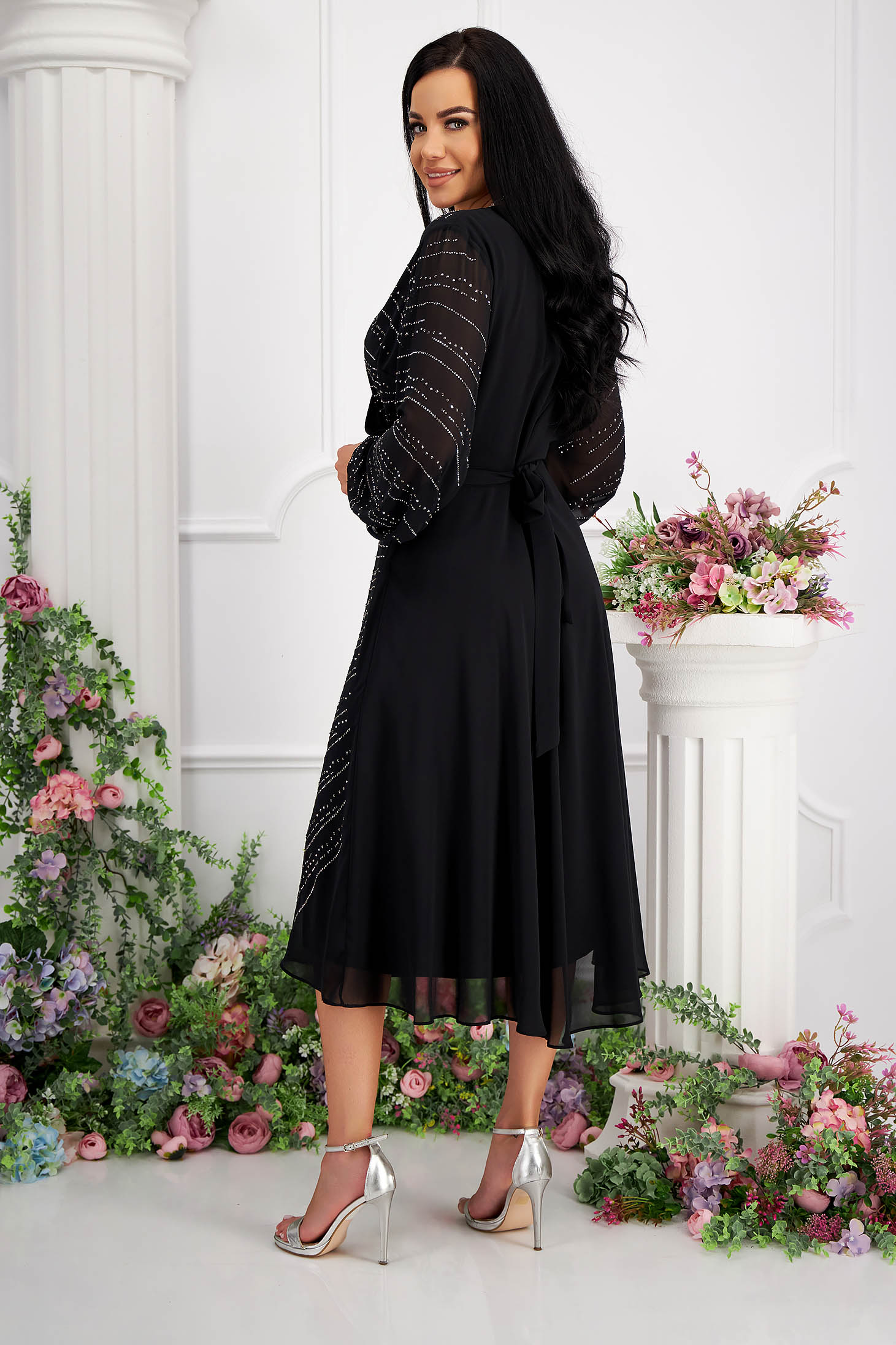 Black chiffon midi dress in A-line cut with wrap-over neckline adorned with rhinestones 3 - StarShinerS.com