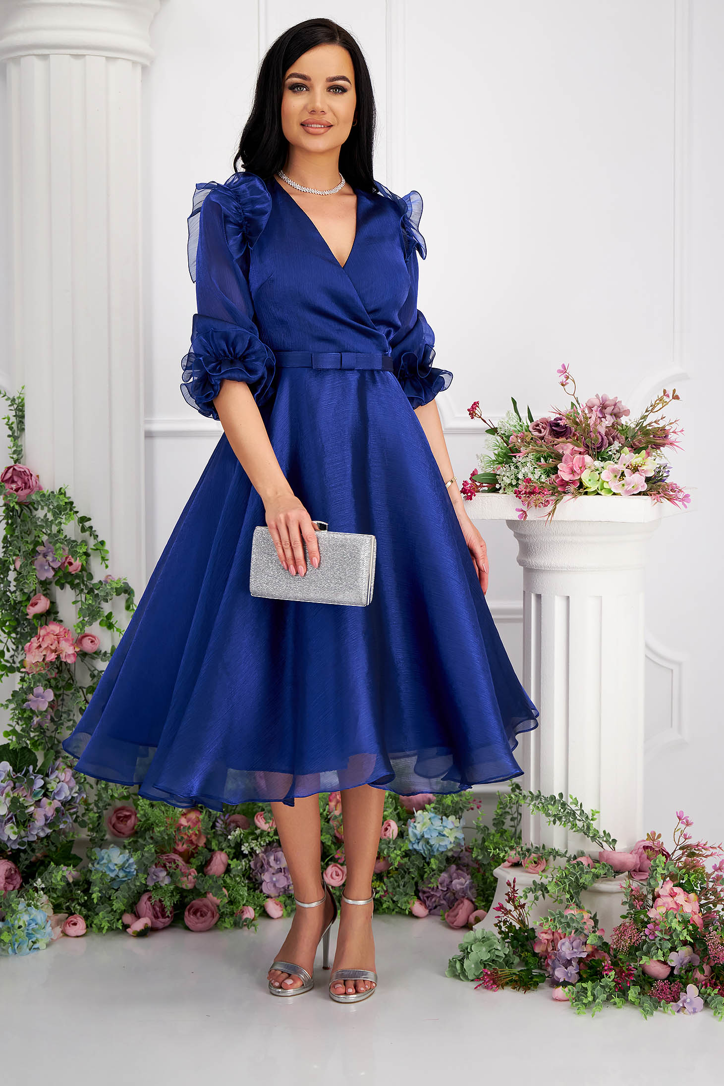 Midi blue organza dress in a-line with belt accessory and puff sleeves 6 - StarShinerS.com