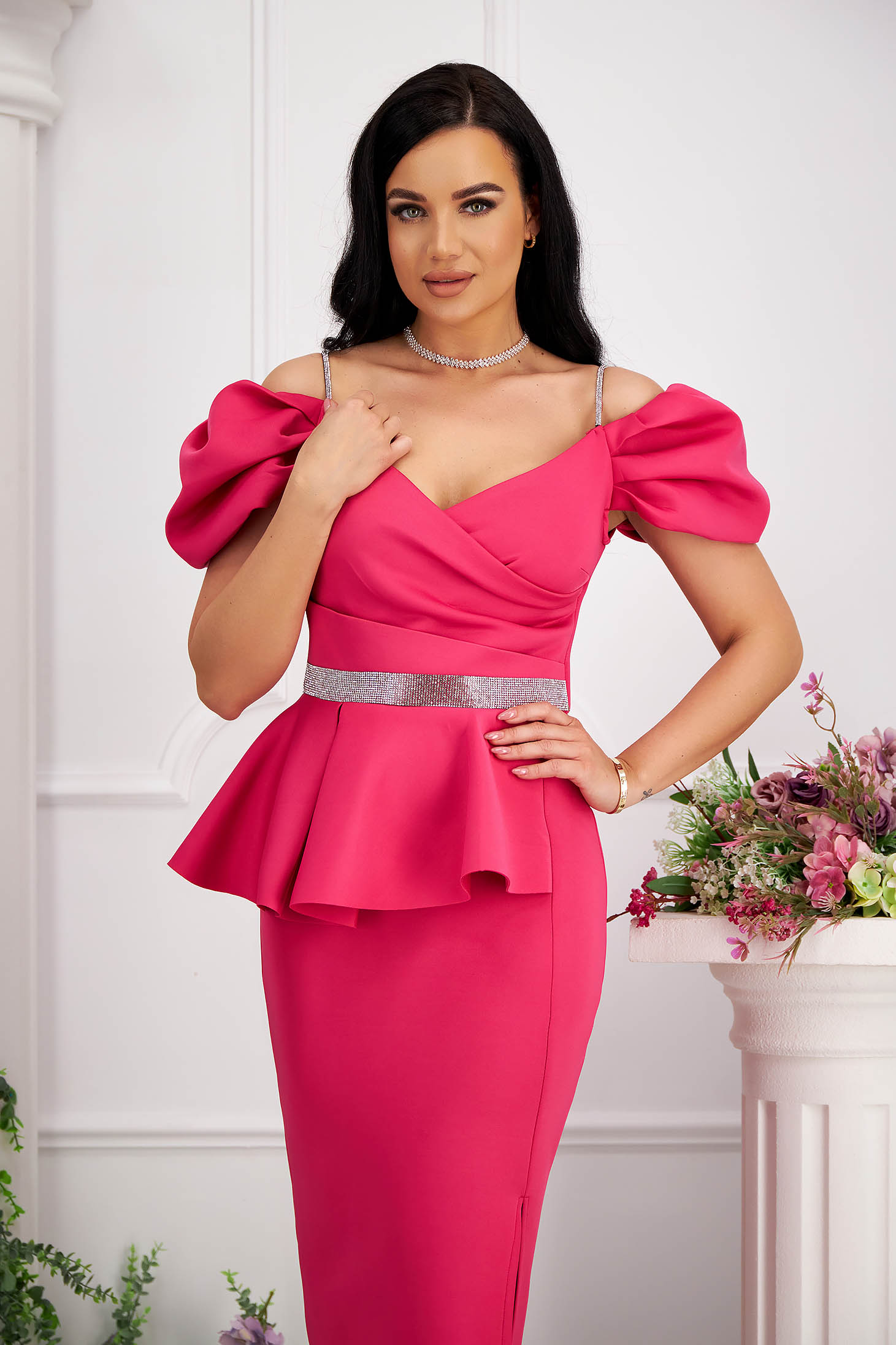 Pink neoprene midi pencil dress with peplum and sparkling applications 2 - StarShinerS.com
