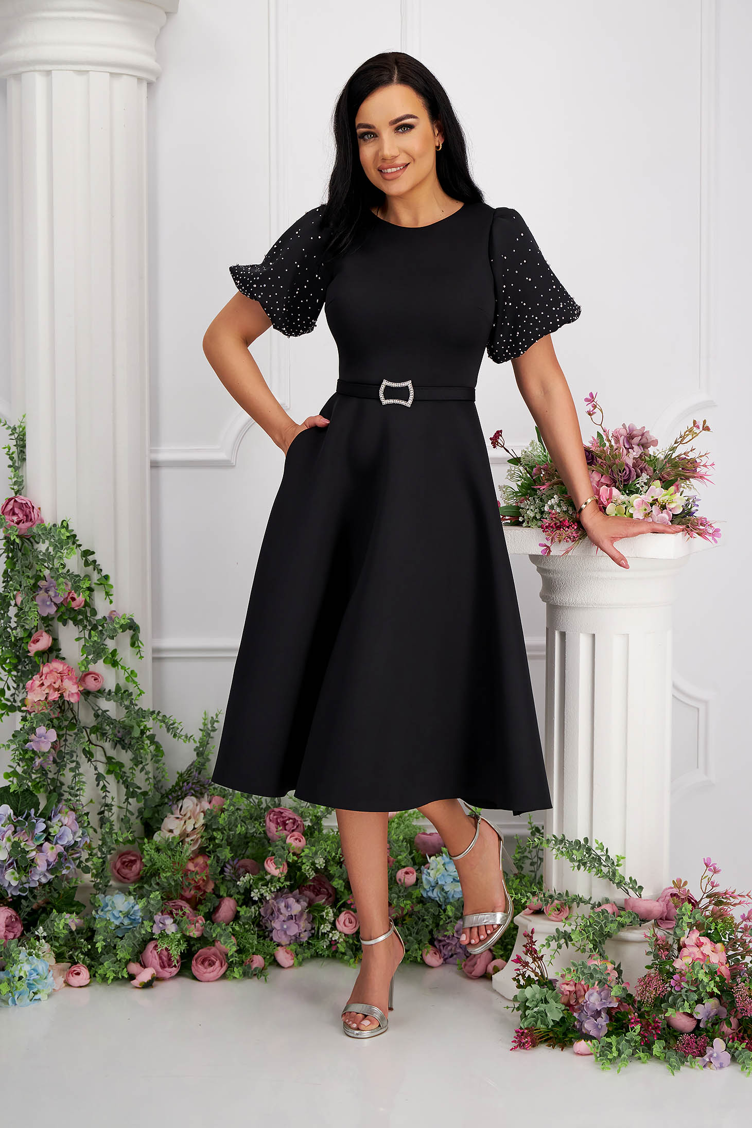 Black neoprene midi skater dress with side pockets and puffed sleeves with rhinestones 3 - StarShinerS.com