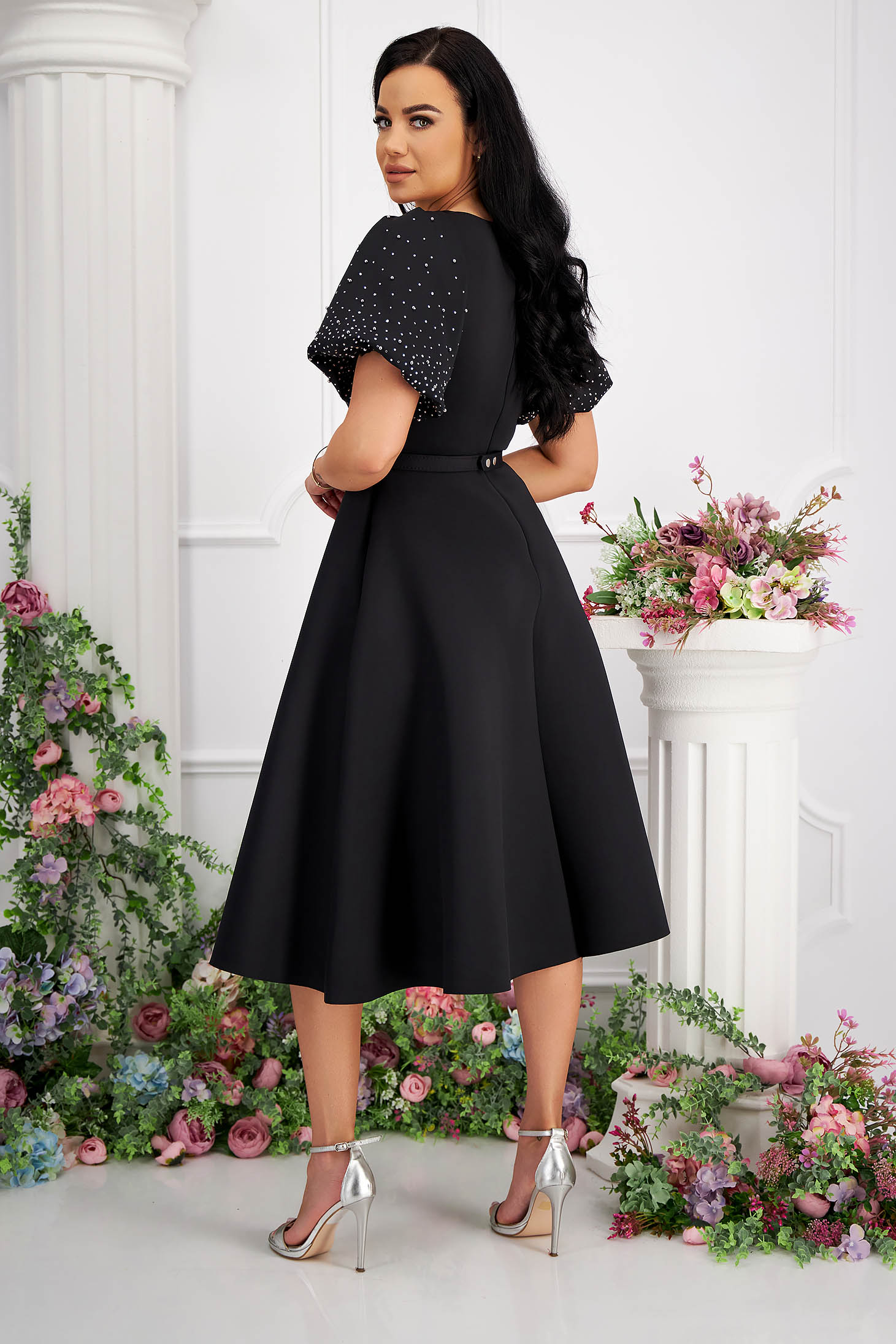 Black neoprene midi skater dress with side pockets and puffed sleeves with rhinestones 4 - StarShinerS.com