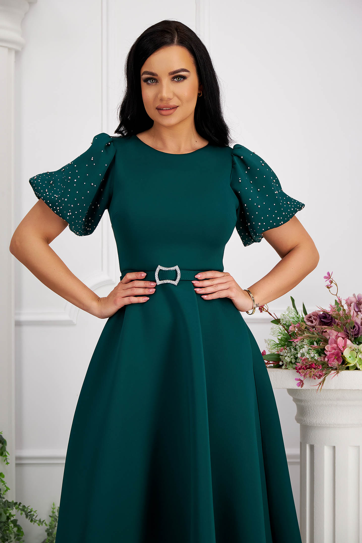 Darkgreen dress midi cloche lateral pockets with puffed sleeves strass 2 - StarShinerS.com