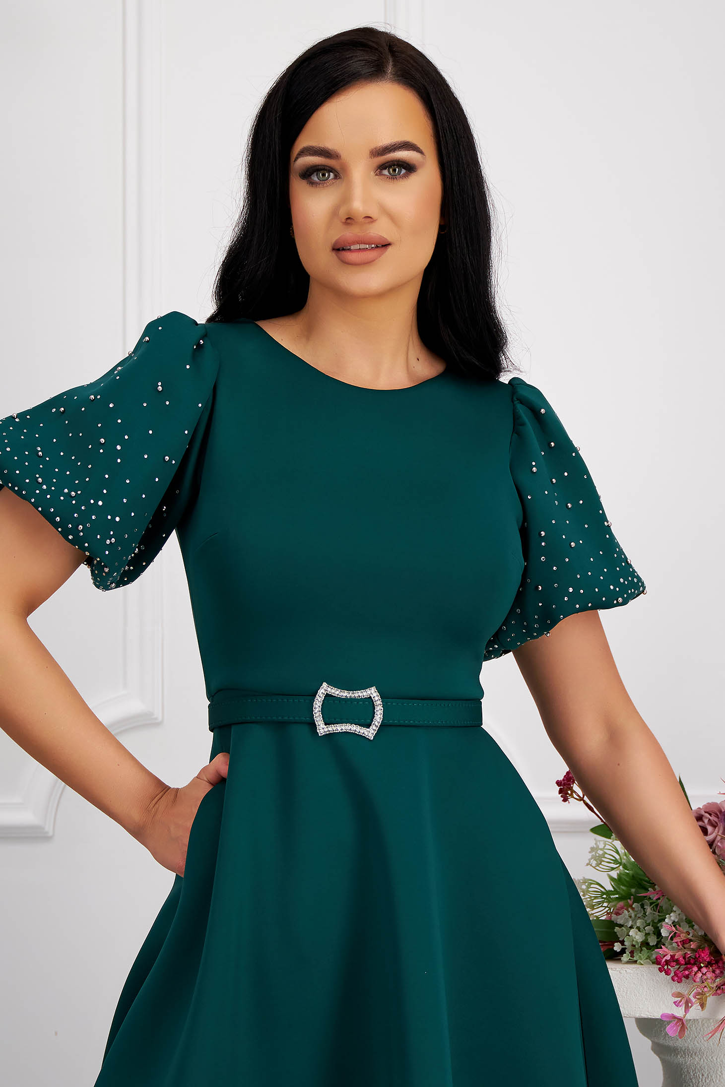 Darkgreen dress midi cloche lateral pockets with puffed sleeves strass 3 - StarShinerS.com