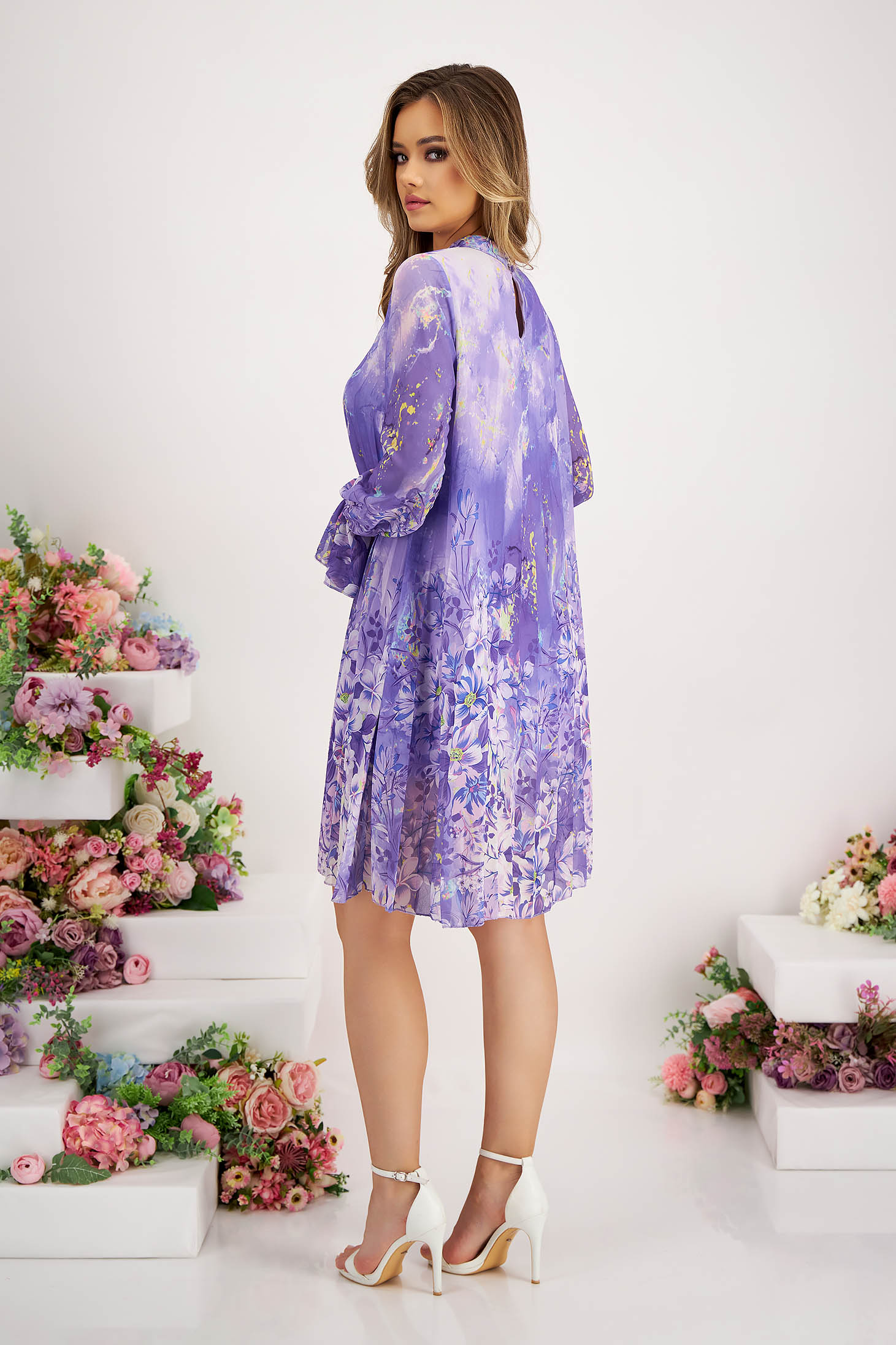 Rochie plisata din voal scurta cu croi larg si imprimeu floral - SunShine 4 - StarShinerS.ro