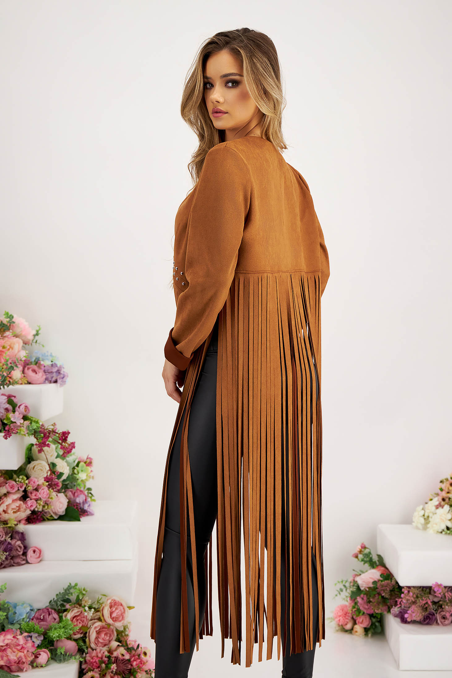 Brown cardigan from ecological leather from suede fringes with metallic spikes 3 - StarShinerS.com