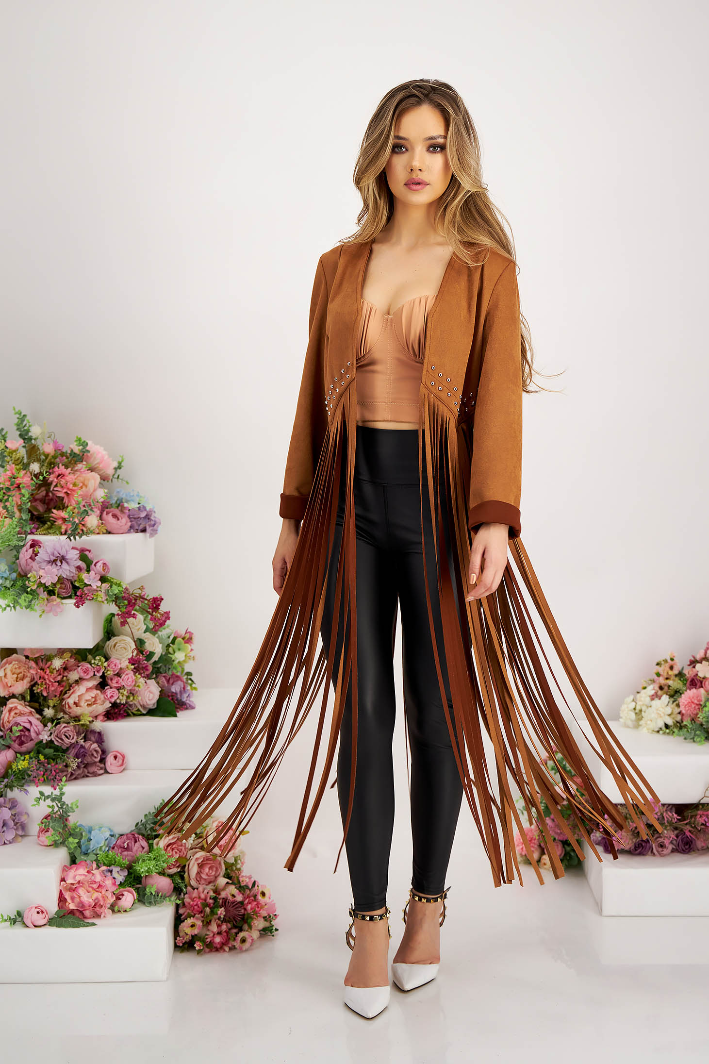Brown cardigan from ecological leather from suede fringes with metallic spikes 6 - StarShinerS.com