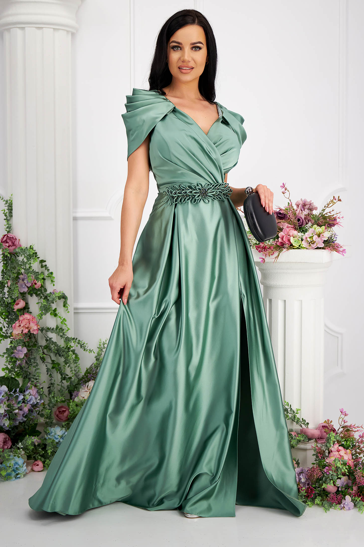 Green dress taffeta long cloche wrap over front with raised flowers 3 - StarShinerS.com