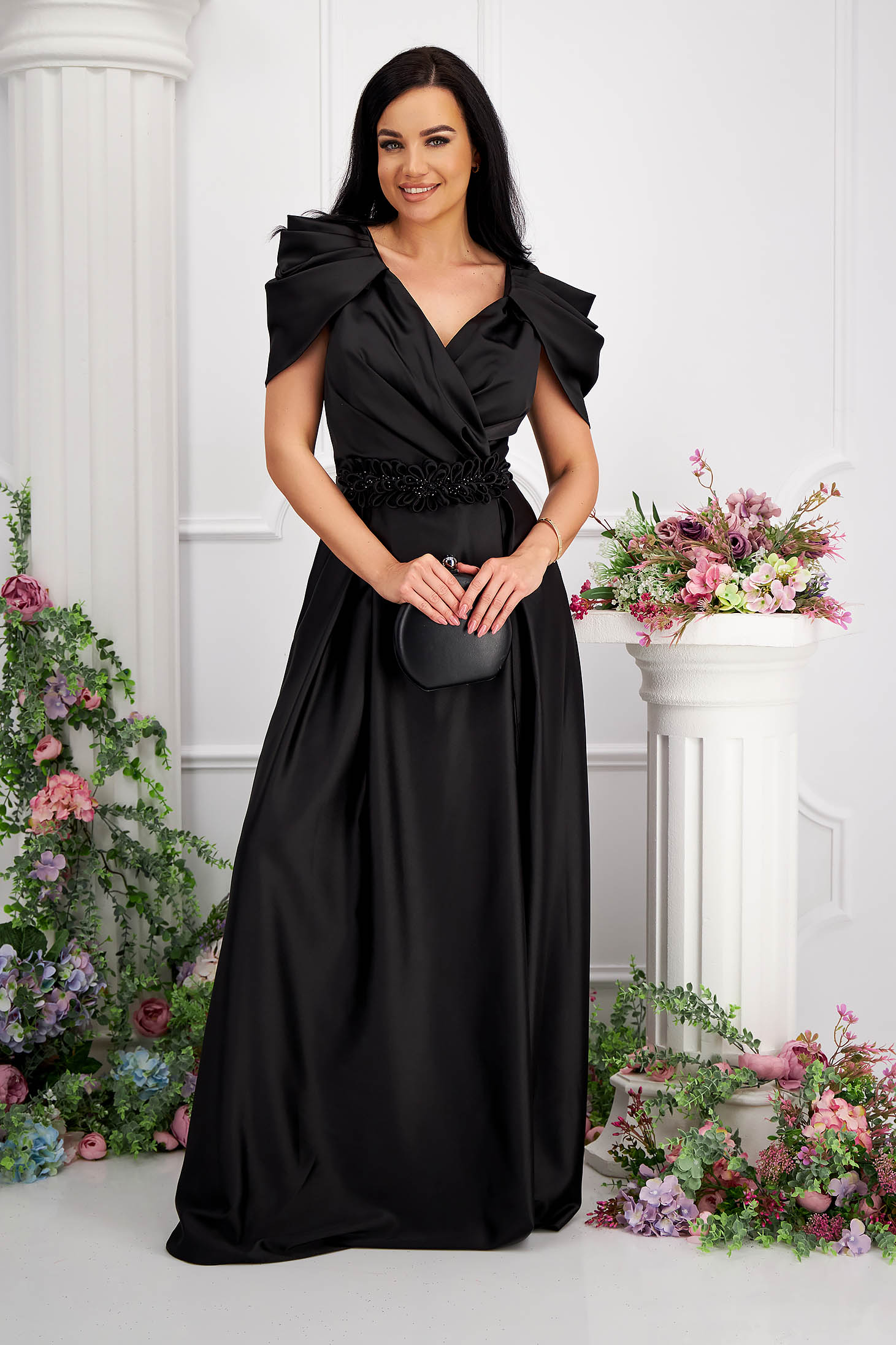 Long black taffeta dress with crossover neckline and embossed flowers at the waist 5 - StarShinerS.com