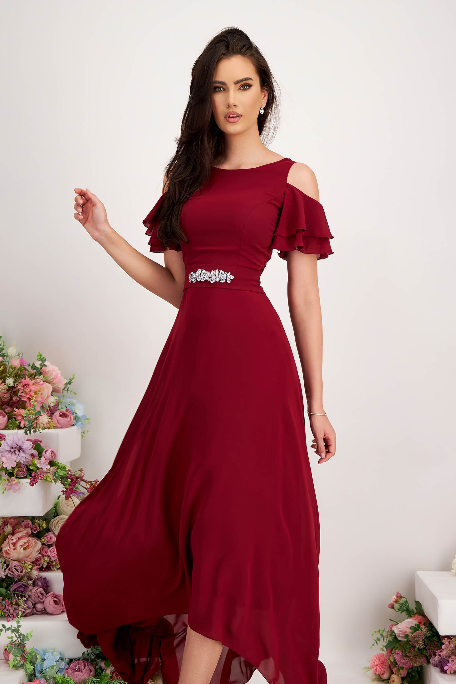 Rochie lunga din voal visinie in clos asimetrica cu umeri decupati - StarShinerS 7 - StarShinerS.ro
